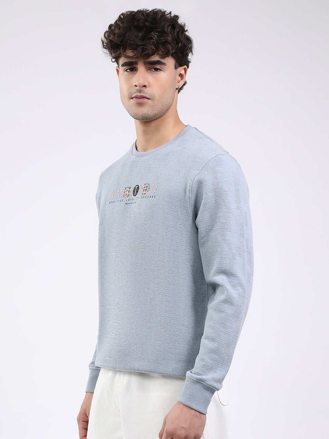 Men Sky Blue Solid Round Neck Full Sleeve Winter T-Shirt