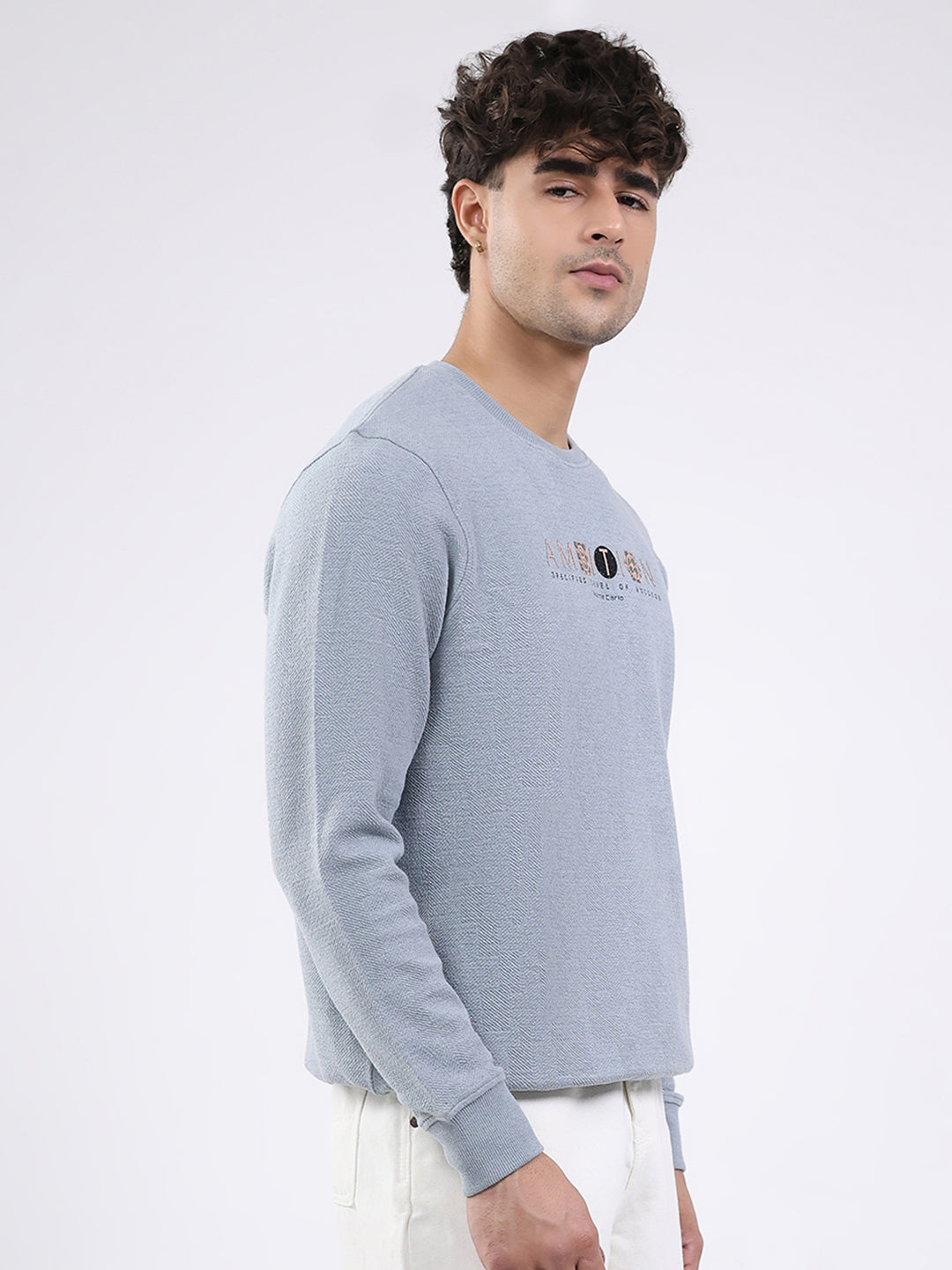 Men Sky Blue Solid Round Neck Full Sleeve Winter T-Shirt