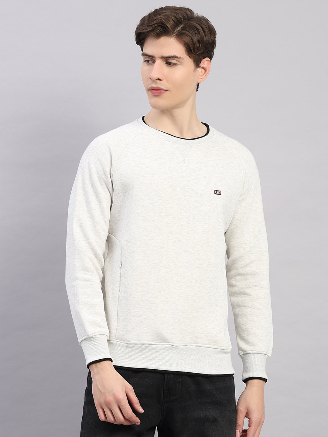 Men Off White Solid Round Neck Full Sleeve Sweatshirt