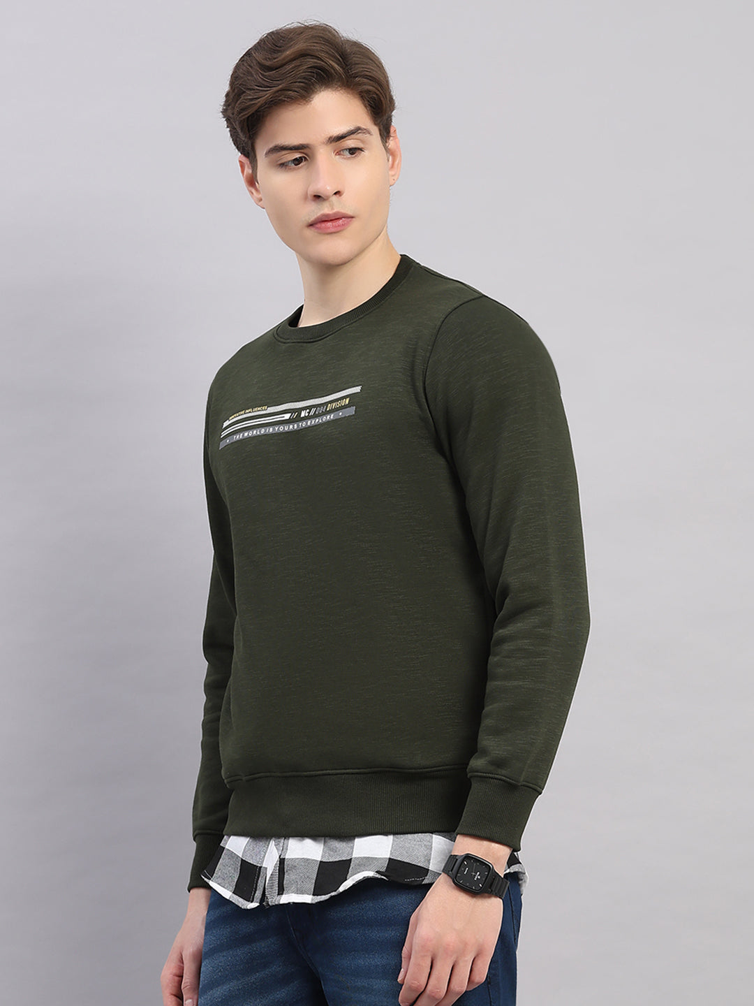Men Olive Printed Round Neck Full Sleeve Sweatshirt