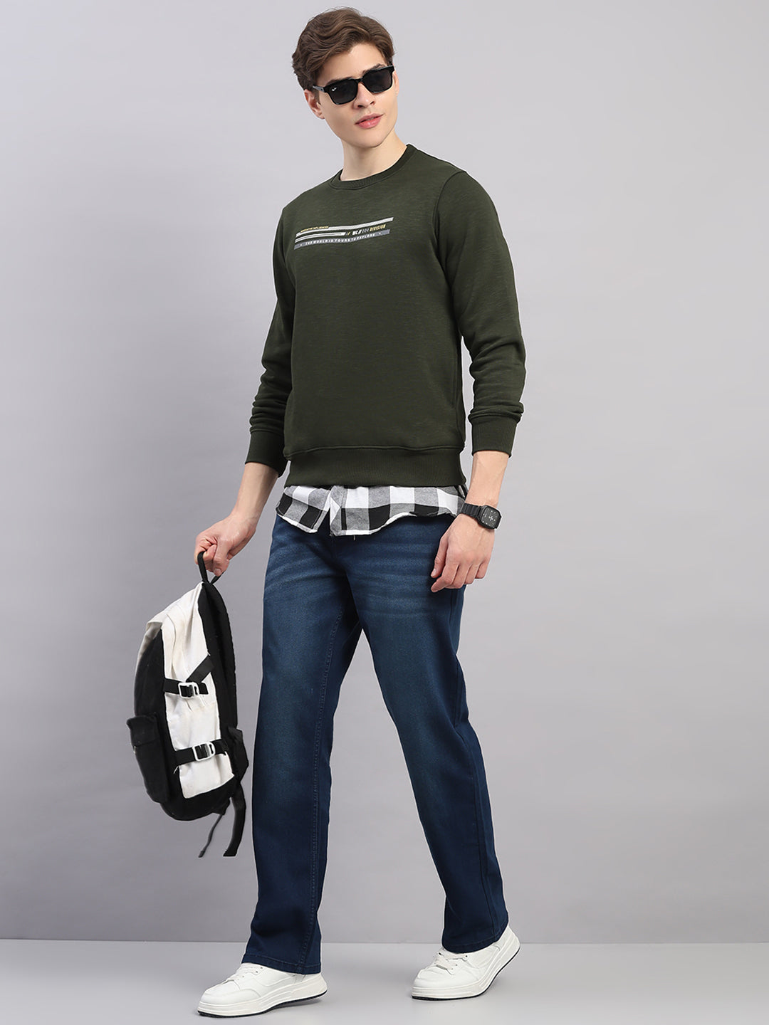 Men Olive Printed Round Neck Full Sleeve Sweatshirt