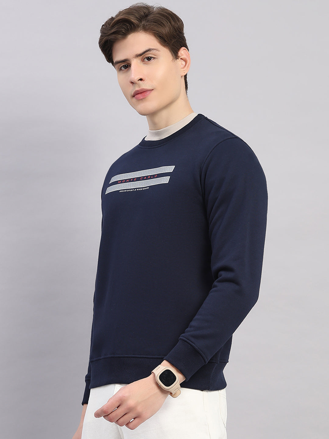 Men Navy Blue Printed Round Neck Full Sleeve Sweatshirt