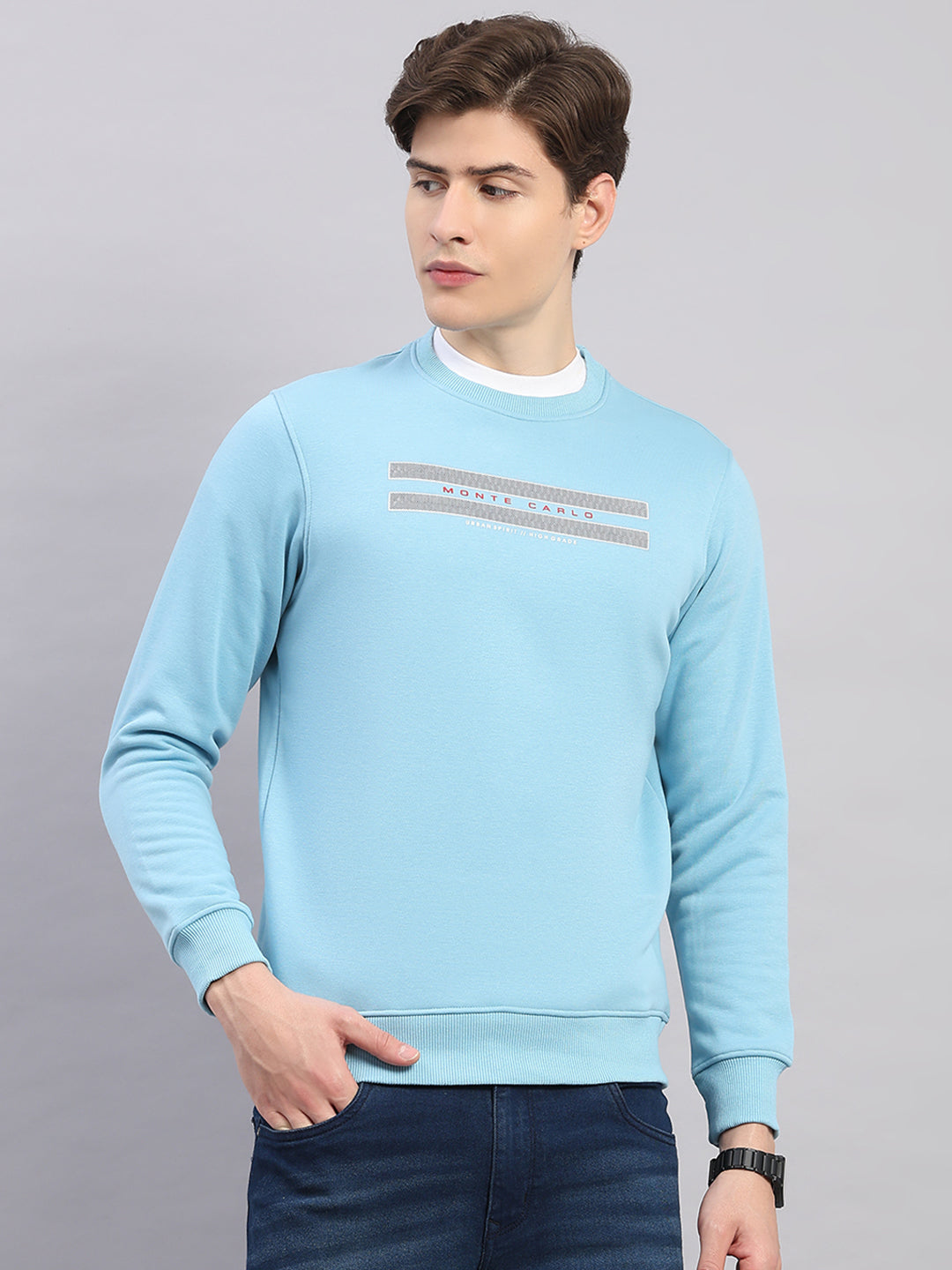 Men Sky Blue Printed Round Neck Full Sleeve Sweatshirt