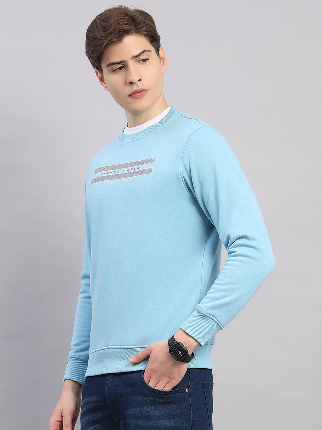 Men Sky Blue Printed Round Neck Full Sleeve Sweatshirt