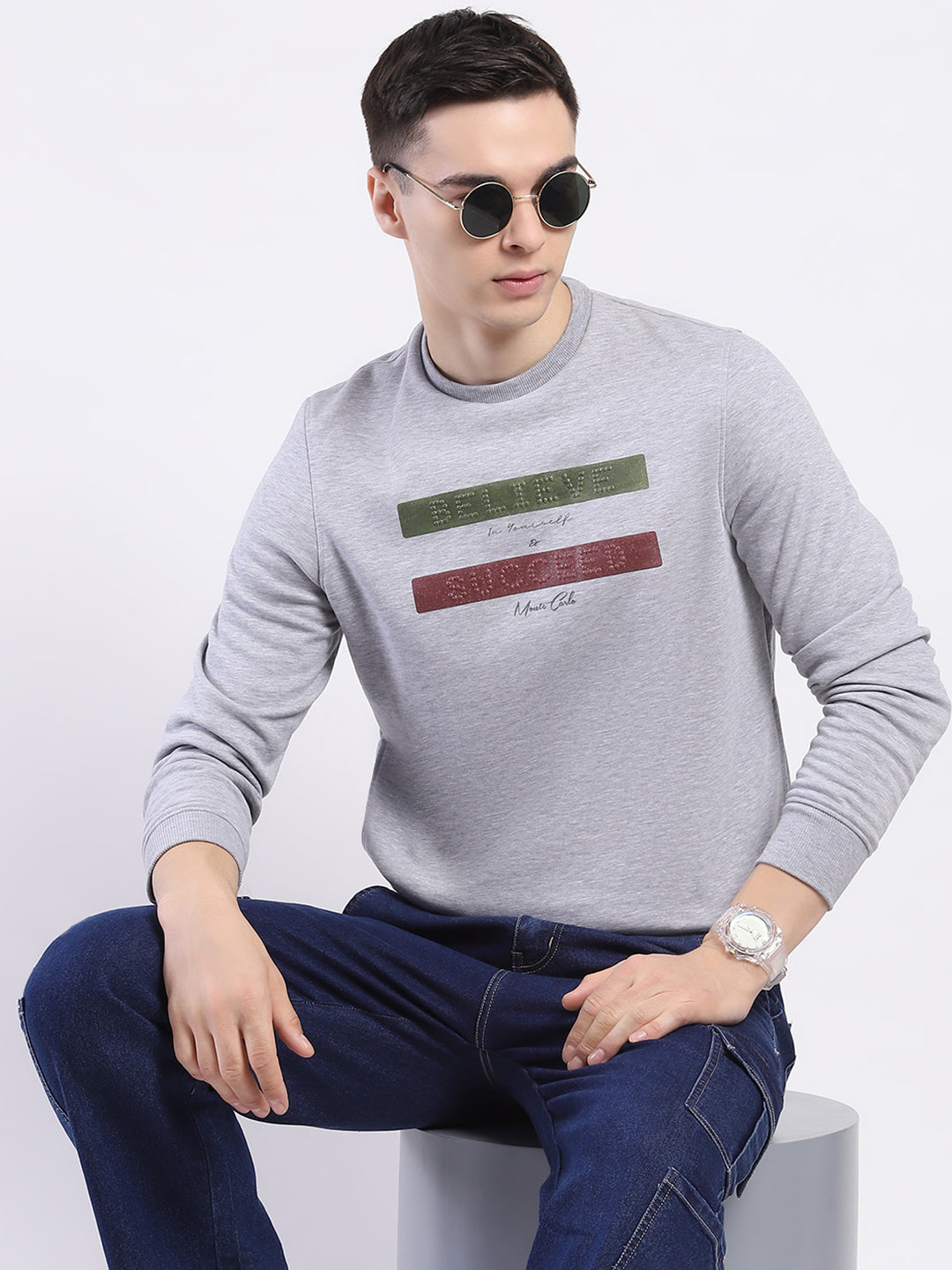 Men Grey Solid Round Neck Full Sleeve Sweatshirt