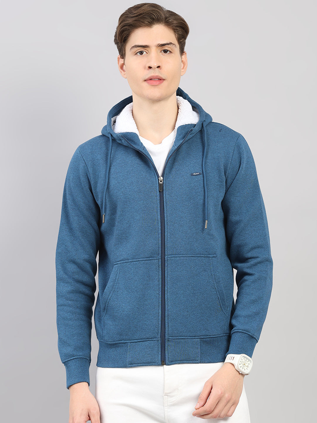 Men Blue Solid Hooded Full Sleeve Sweatshirt