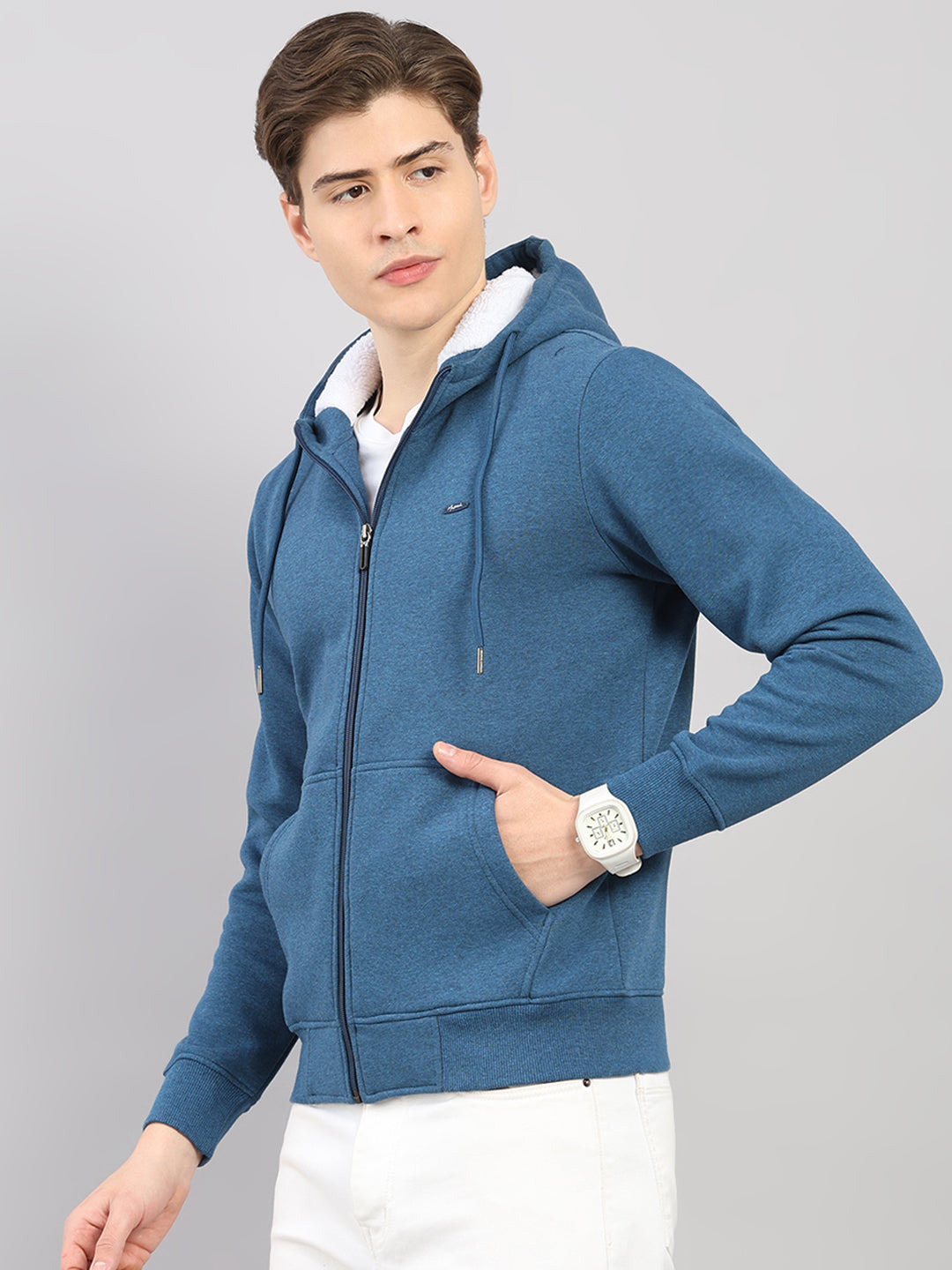 Men Blue Solid Hooded Full Sleeve Sweatshirt