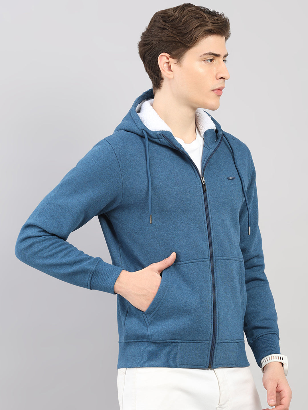 Men Blue Solid Hooded Full Sleeve Sweatshirt