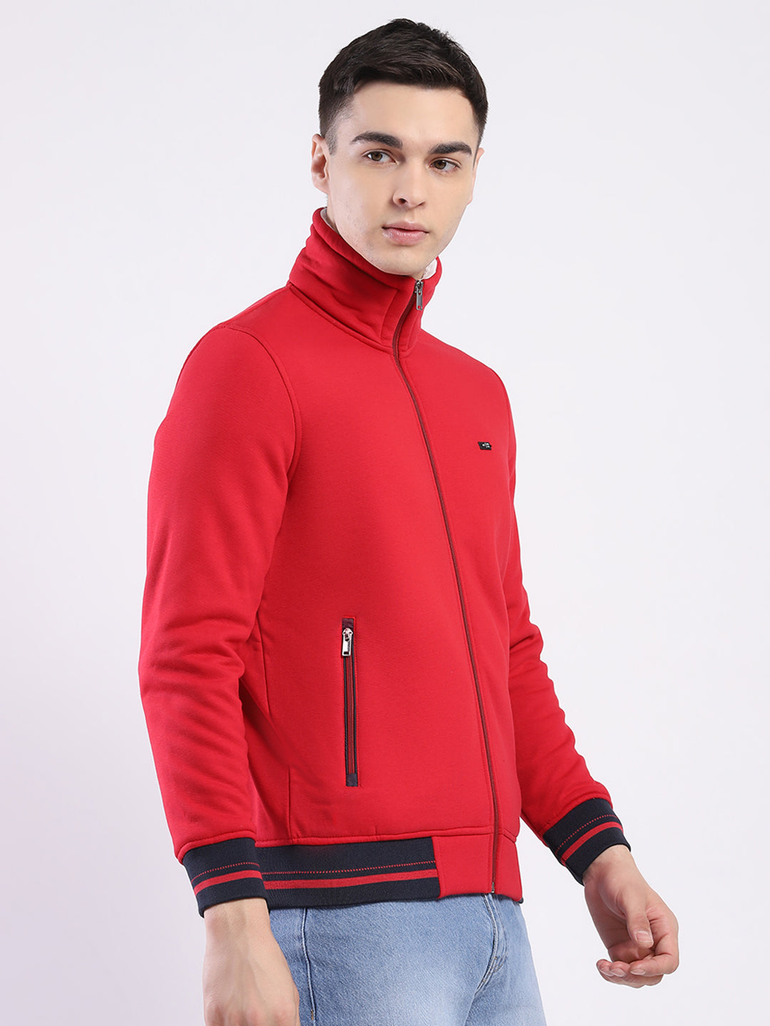 Men Red Solid Mock Neck Full Sleeve Sweatshirt