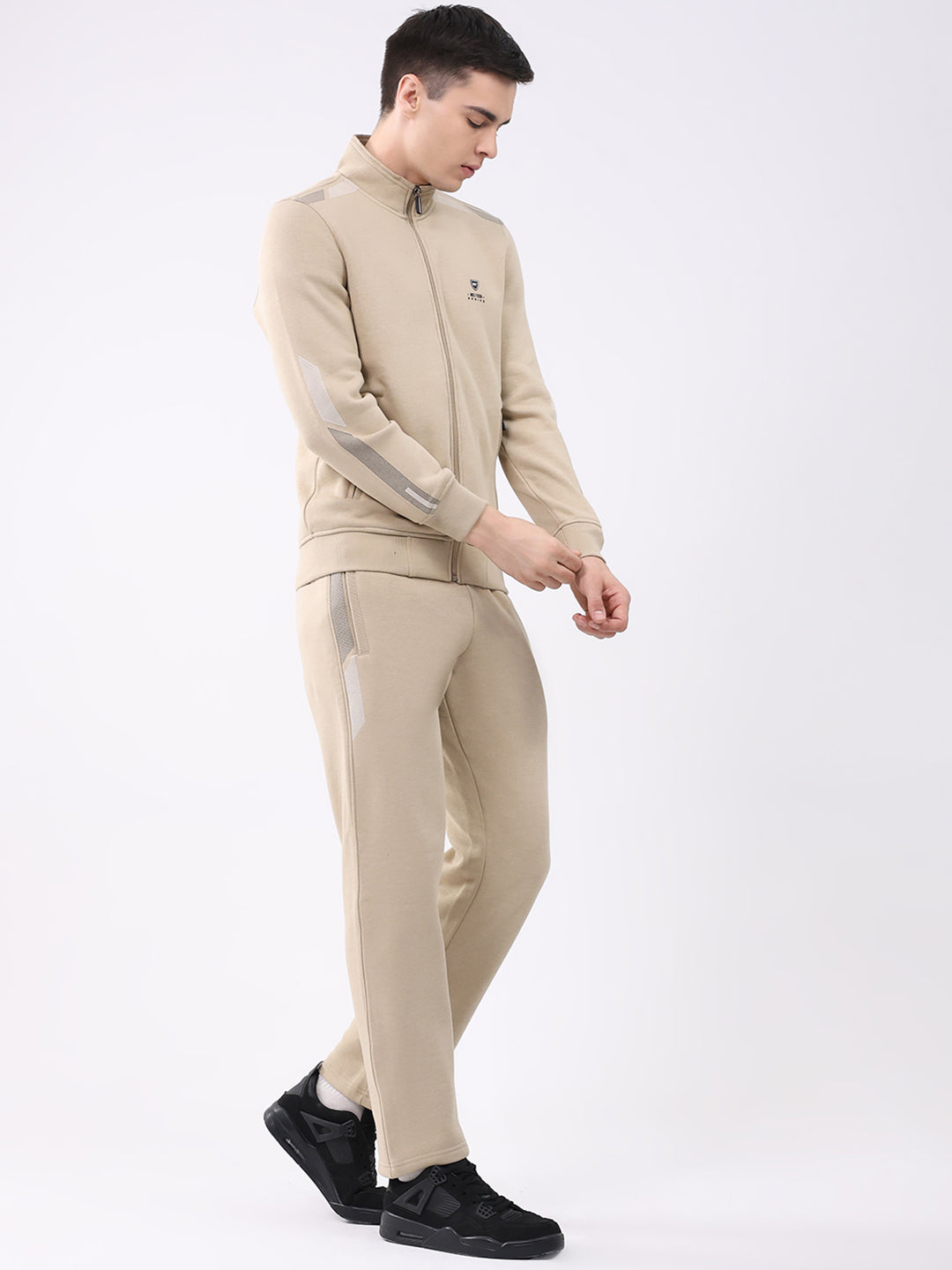 Men Camel Brown Printed Collar Full Sleeve Winter Tracksuit