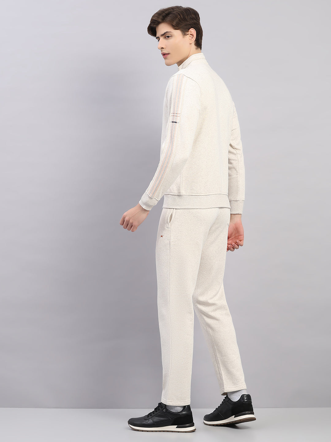 Men Off White Solid Stand Collar Full Sleeve Winter Tracksuit