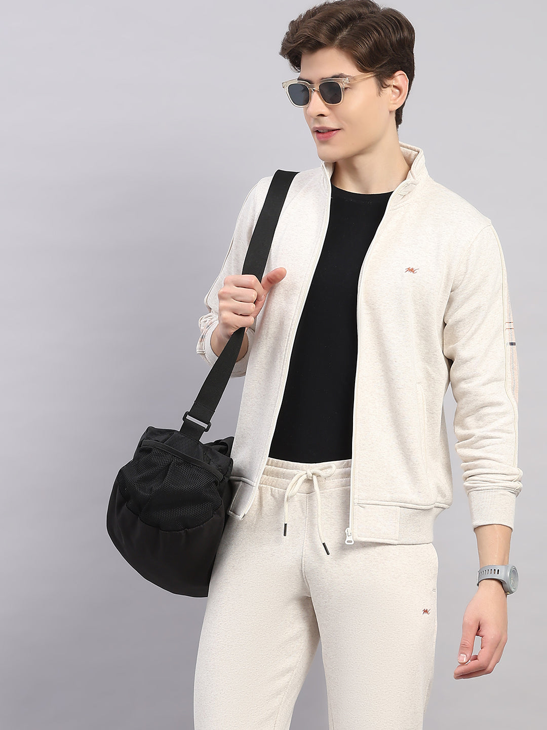 Men Off White Solid Stand Collar Full Sleeve Winter Tracksuit