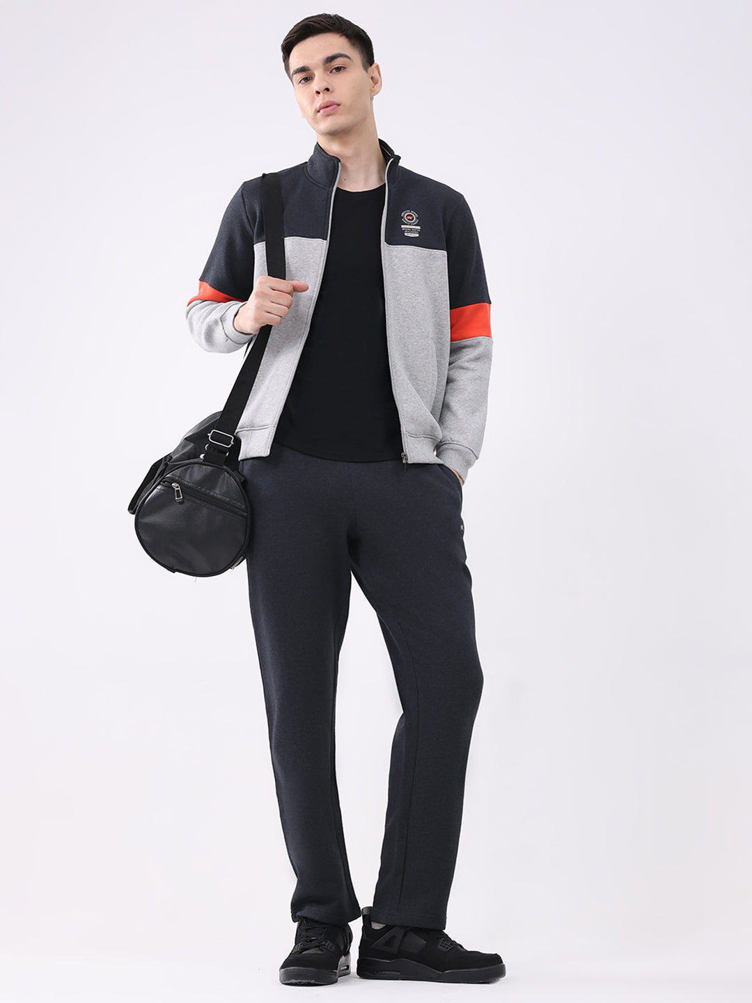 Men Charcoal Printed Collar Full Sleeve Winter Tracksuit