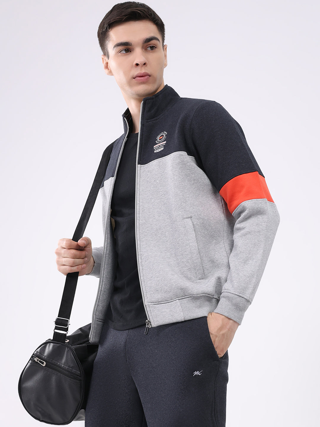 Men Charcoal Printed Collar Full Sleeve Winter Tracksuit