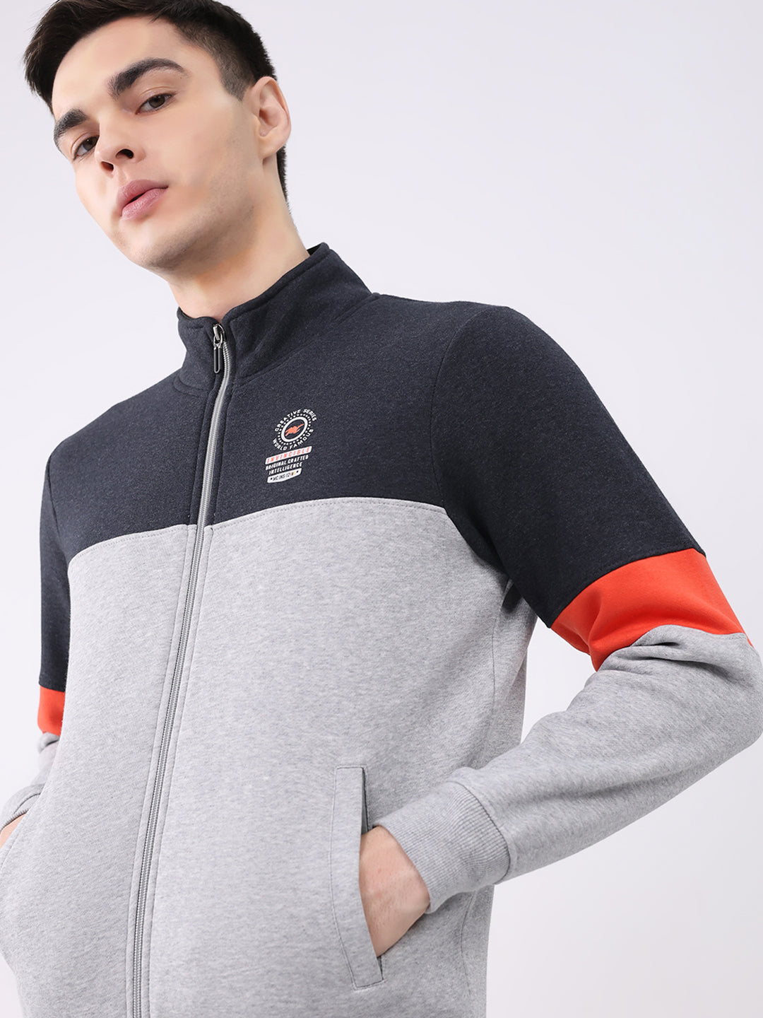 Men Charcoal Printed Collar Full Sleeve Winter Tracksuit