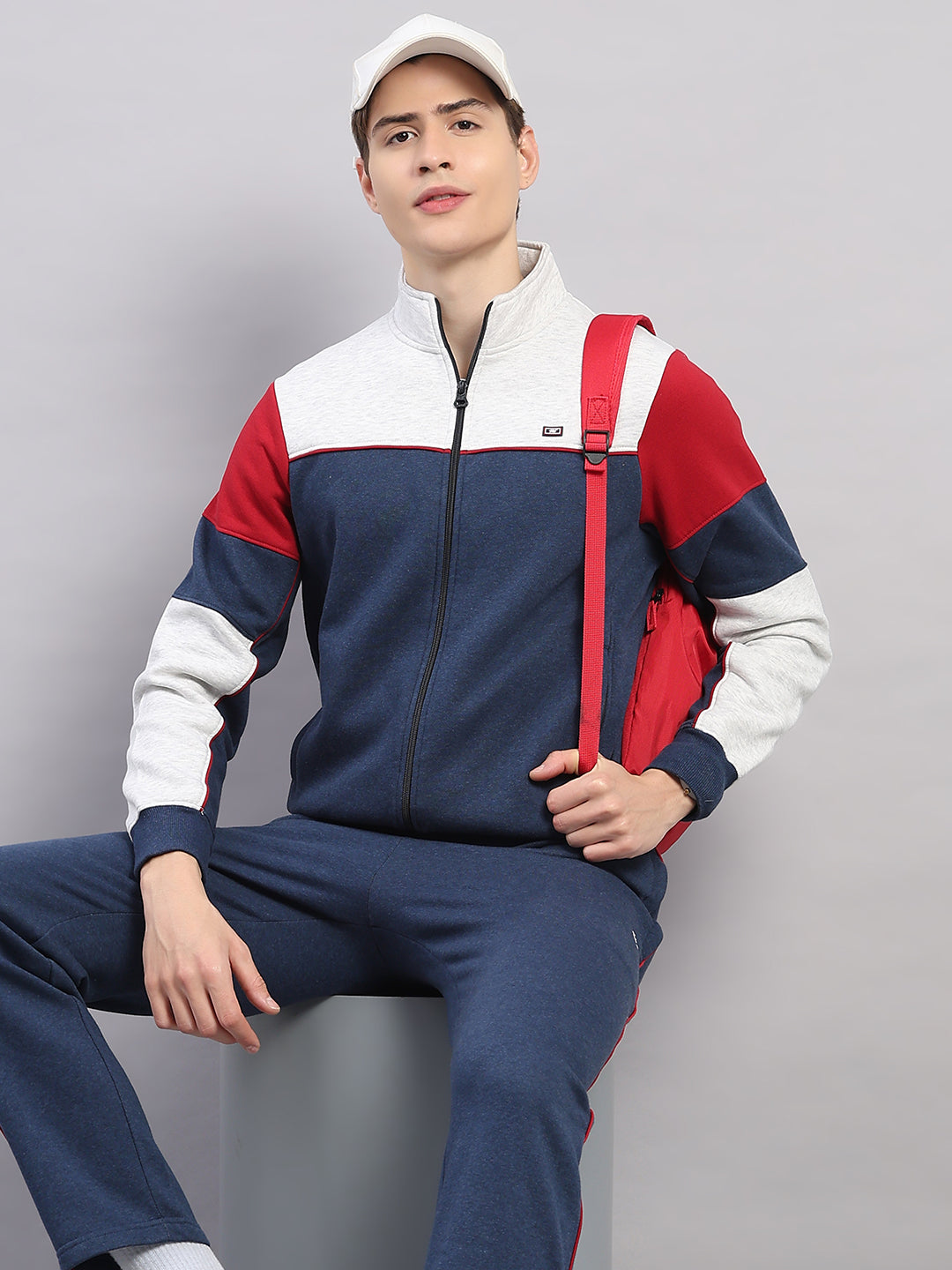 Men Blue Colourblocked Stand Collar Full Sleeve Winter Tracksuit