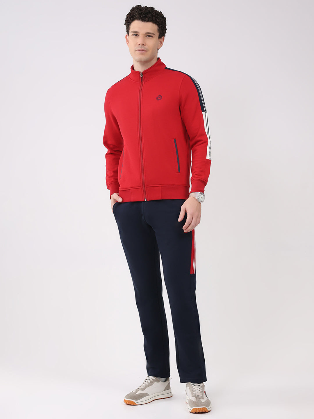 Men Red Printed Collar Full Sleeve Winter Tracksuit