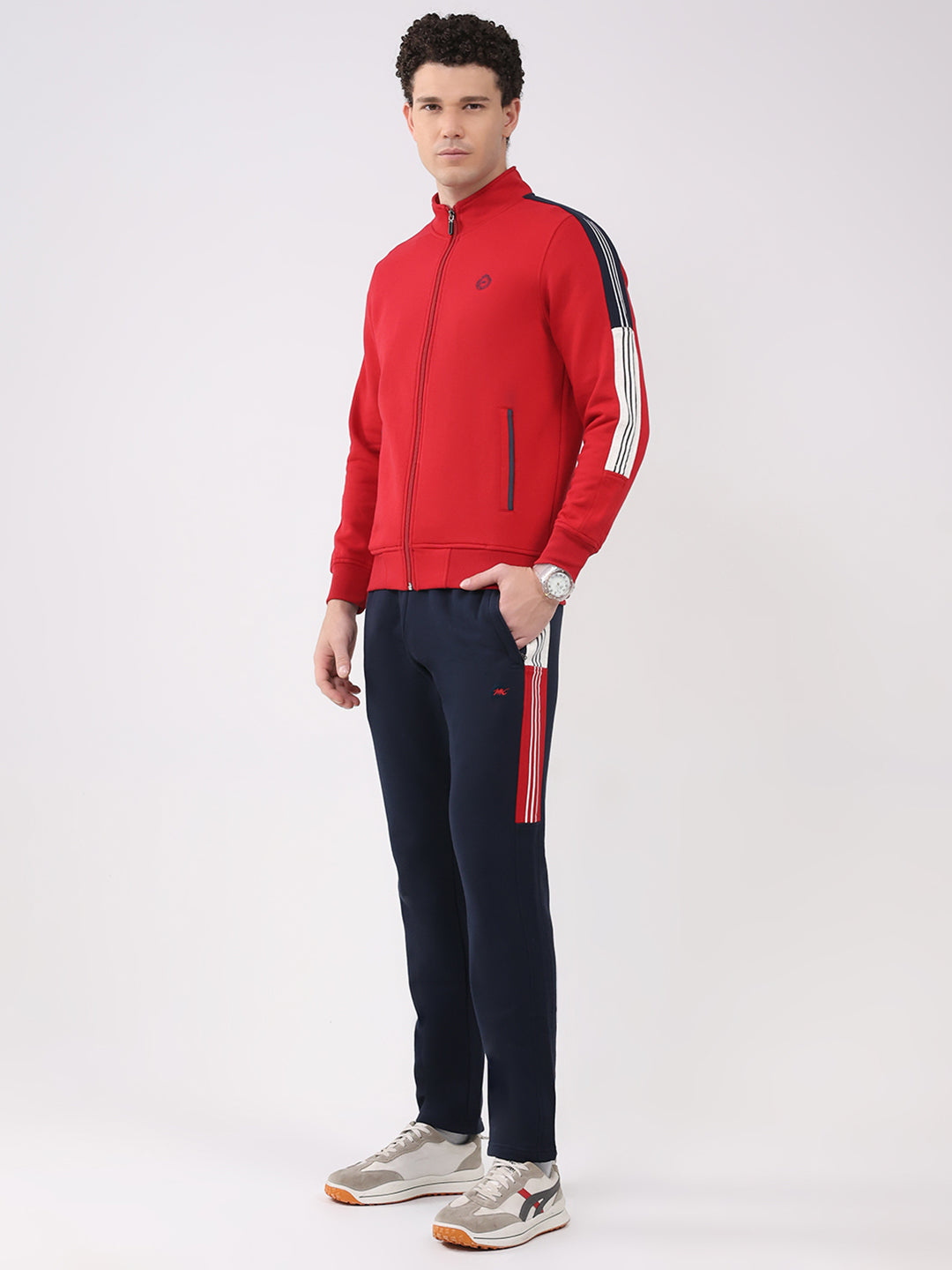 Men Red Printed Collar Full Sleeve Winter Tracksuit