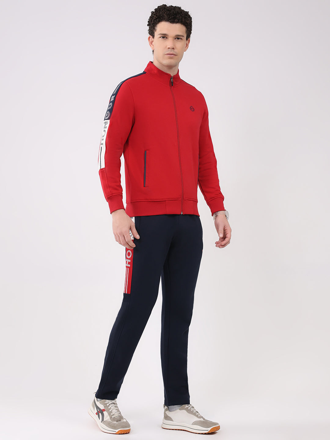 Men Red Printed Collar Full Sleeve Winter Tracksuit