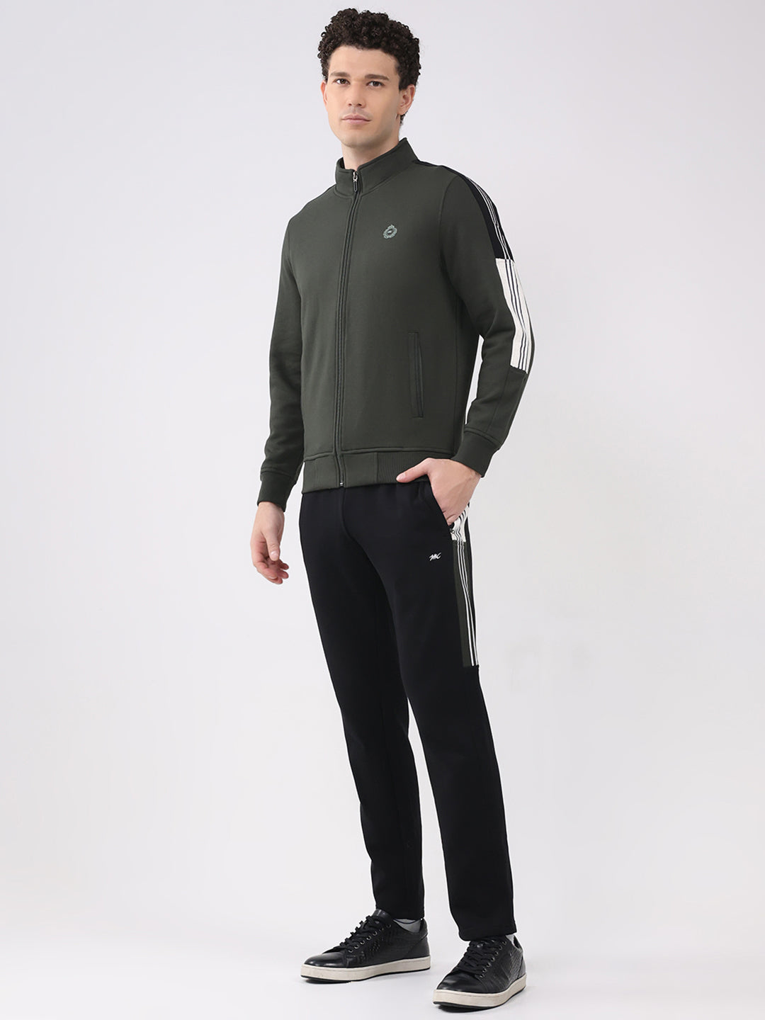 Men Olive Printed Collar Full Sleeve Winter Tracksuit