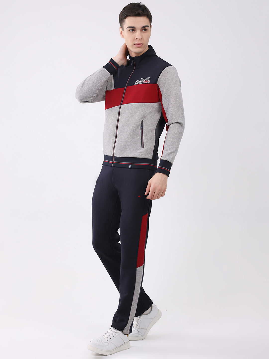 Men Navy Blue Printed Round Neck Full Sleeve Winter Tracksuit