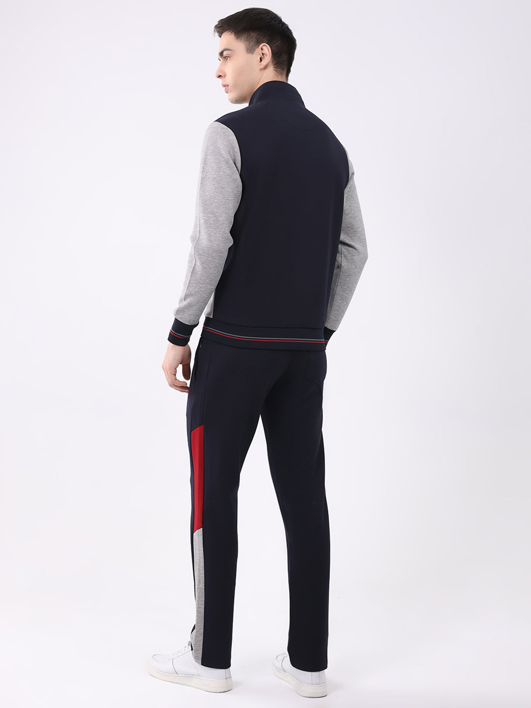 Men Navy Blue Printed Round Neck Full Sleeve Winter Tracksuit