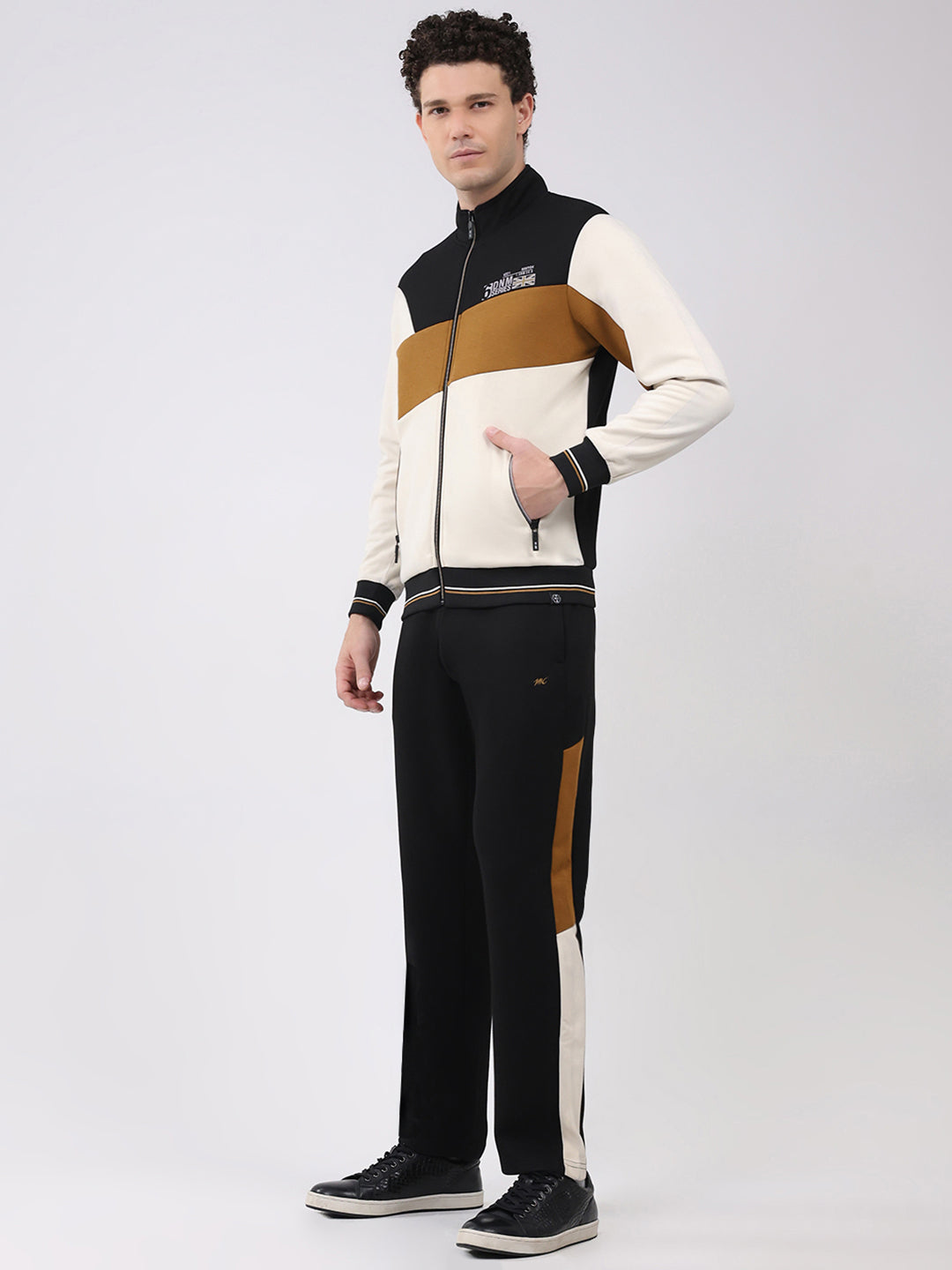 Men Black Printed Round Neck Full Sleeve Winter Tracksuit