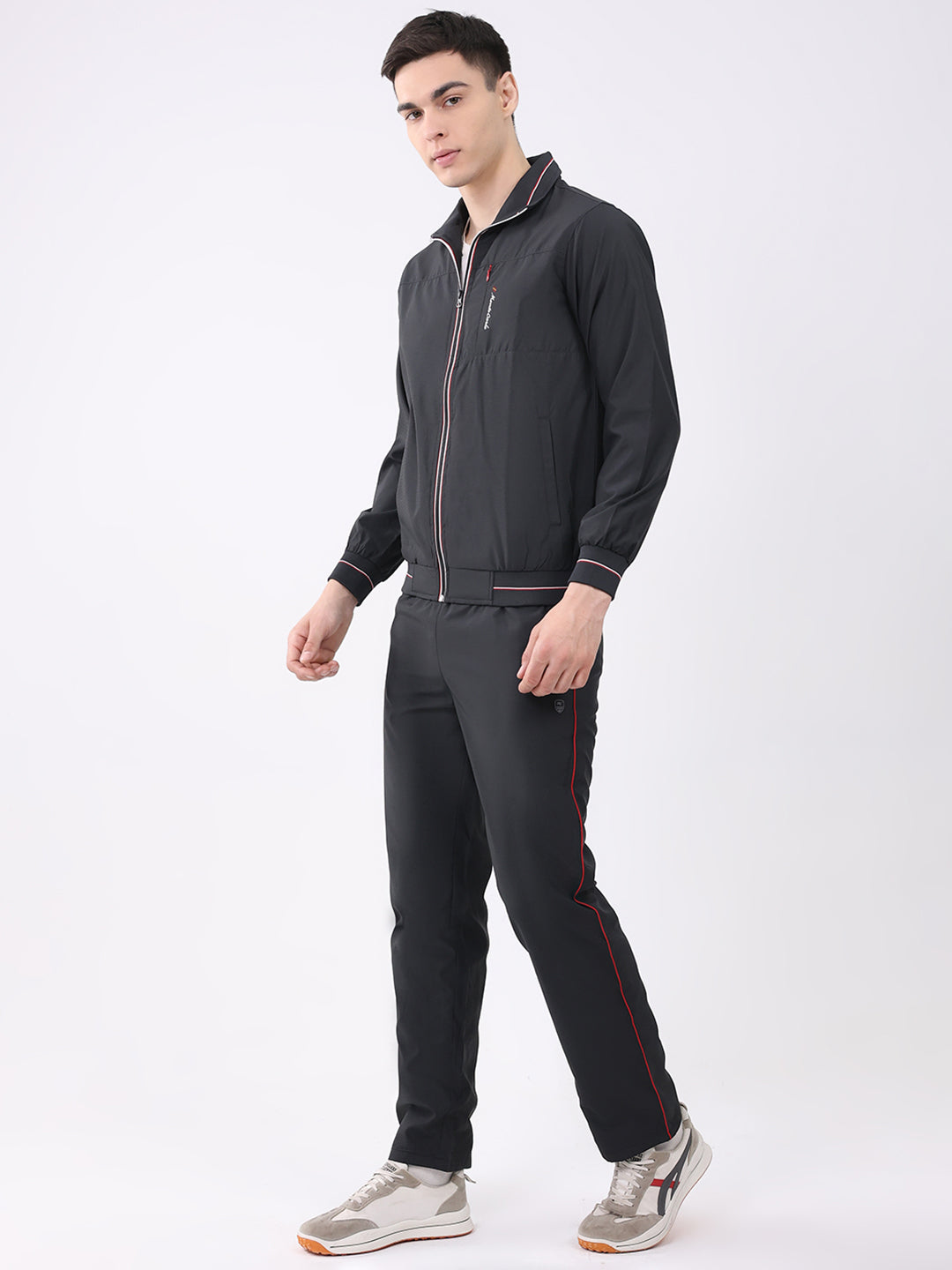 Men Black Printed Round Neck Full Sleeve Winter Tracksuit