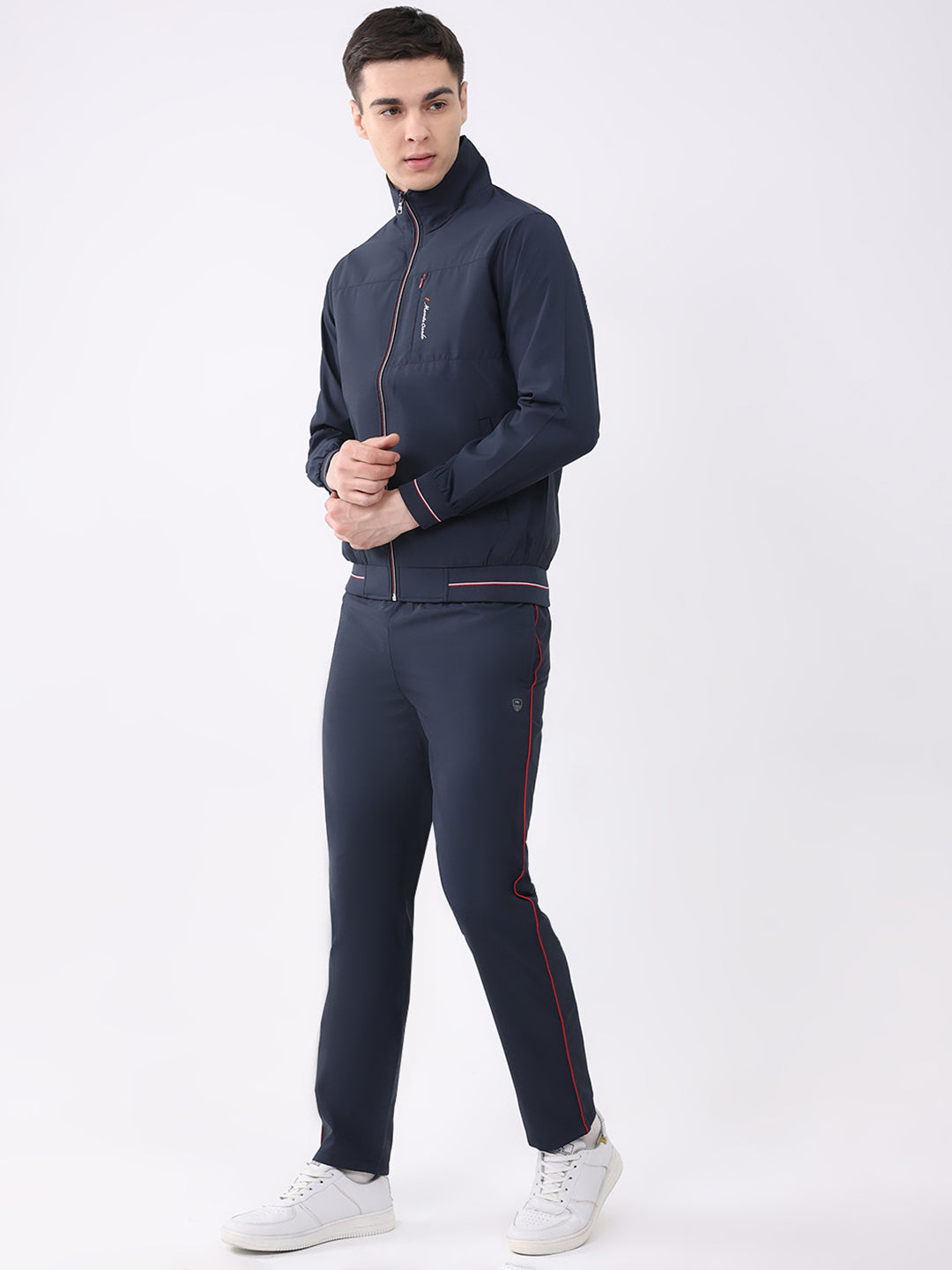 Men Navy Blue Printed Round Neck Full Sleeve Winter Tracksuit