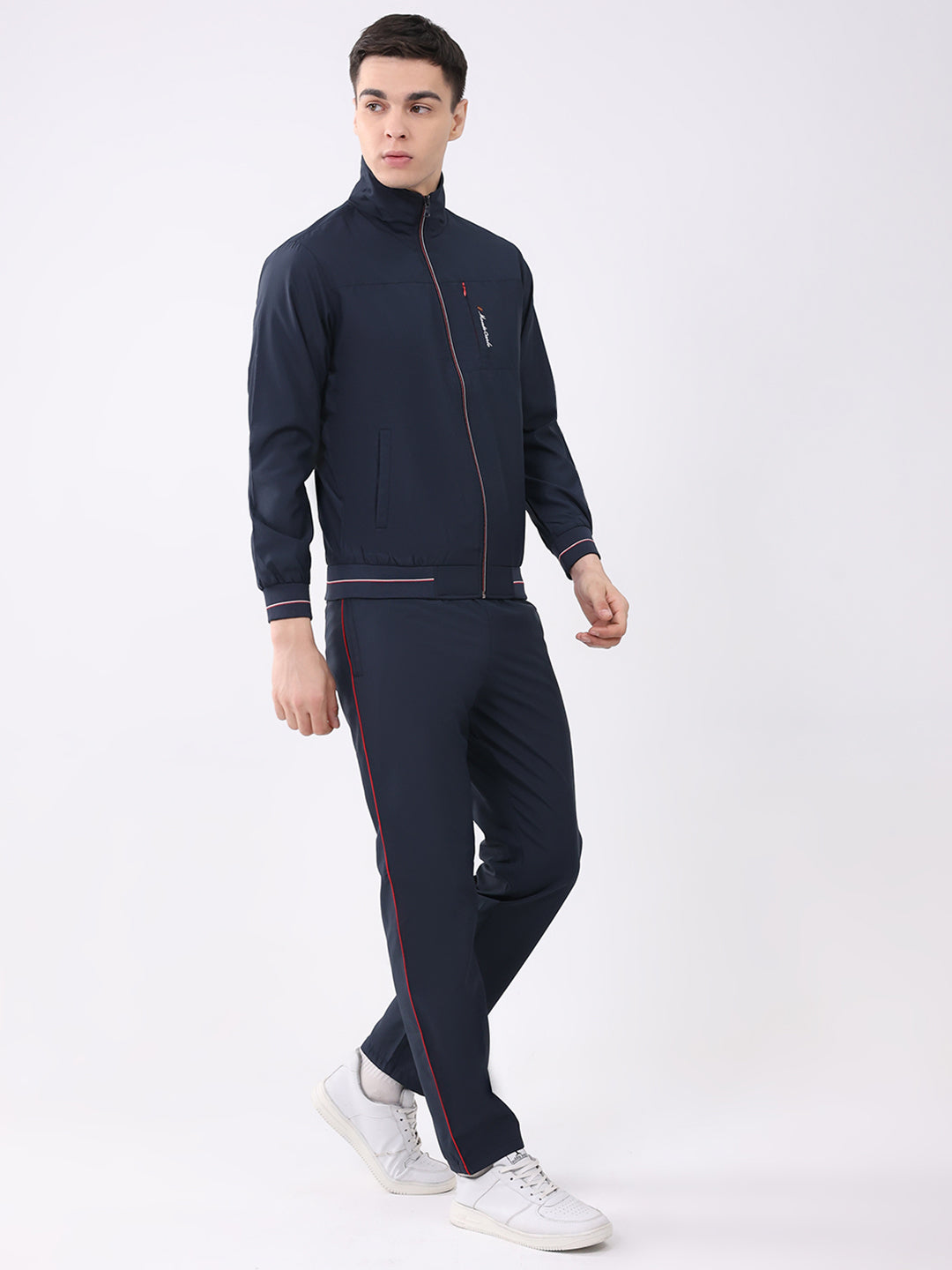 Men Navy Blue Printed Round Neck Full Sleeve Winter Tracksuit