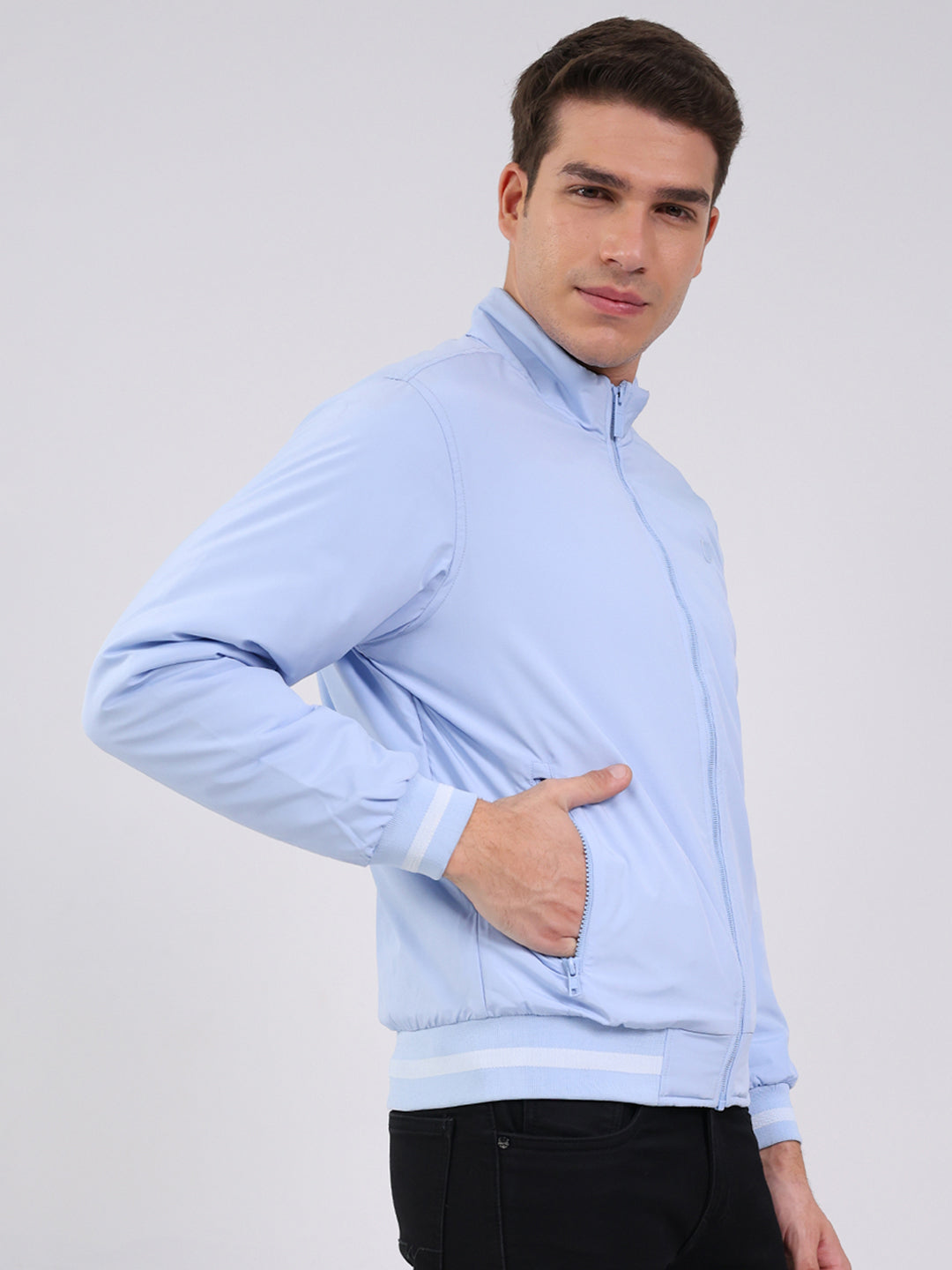 Men Sky Blue Solid Mock Neck Full Sleeve Jacket