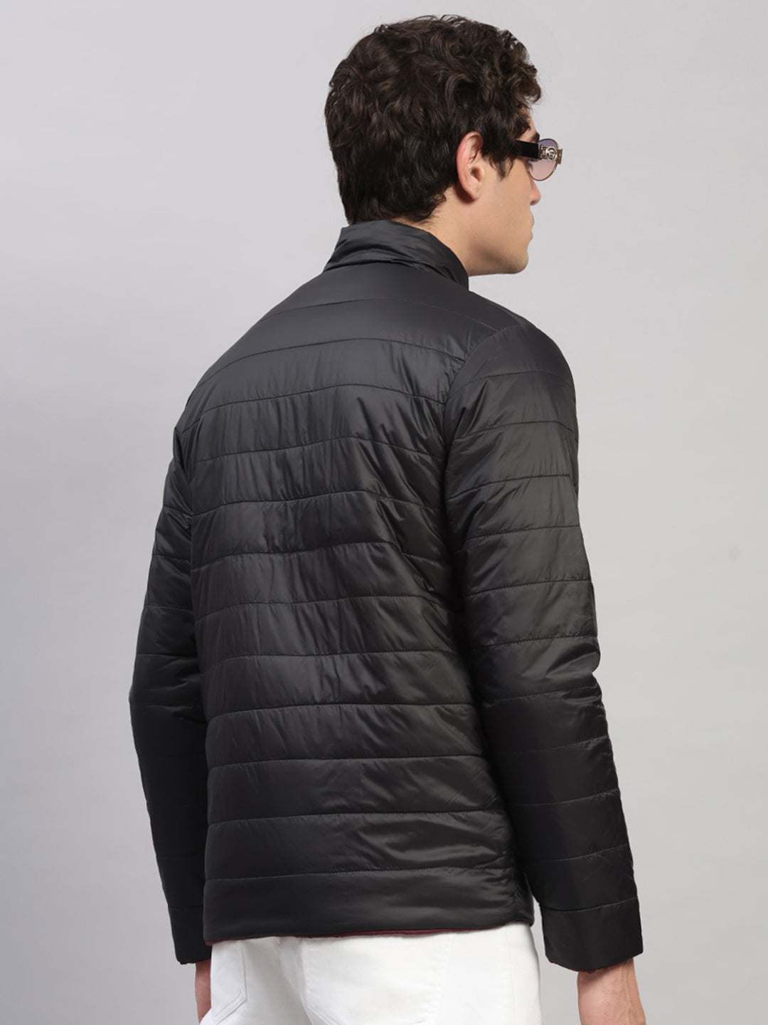 Men Black Self Design Round Neck Full Sleeve Jacket