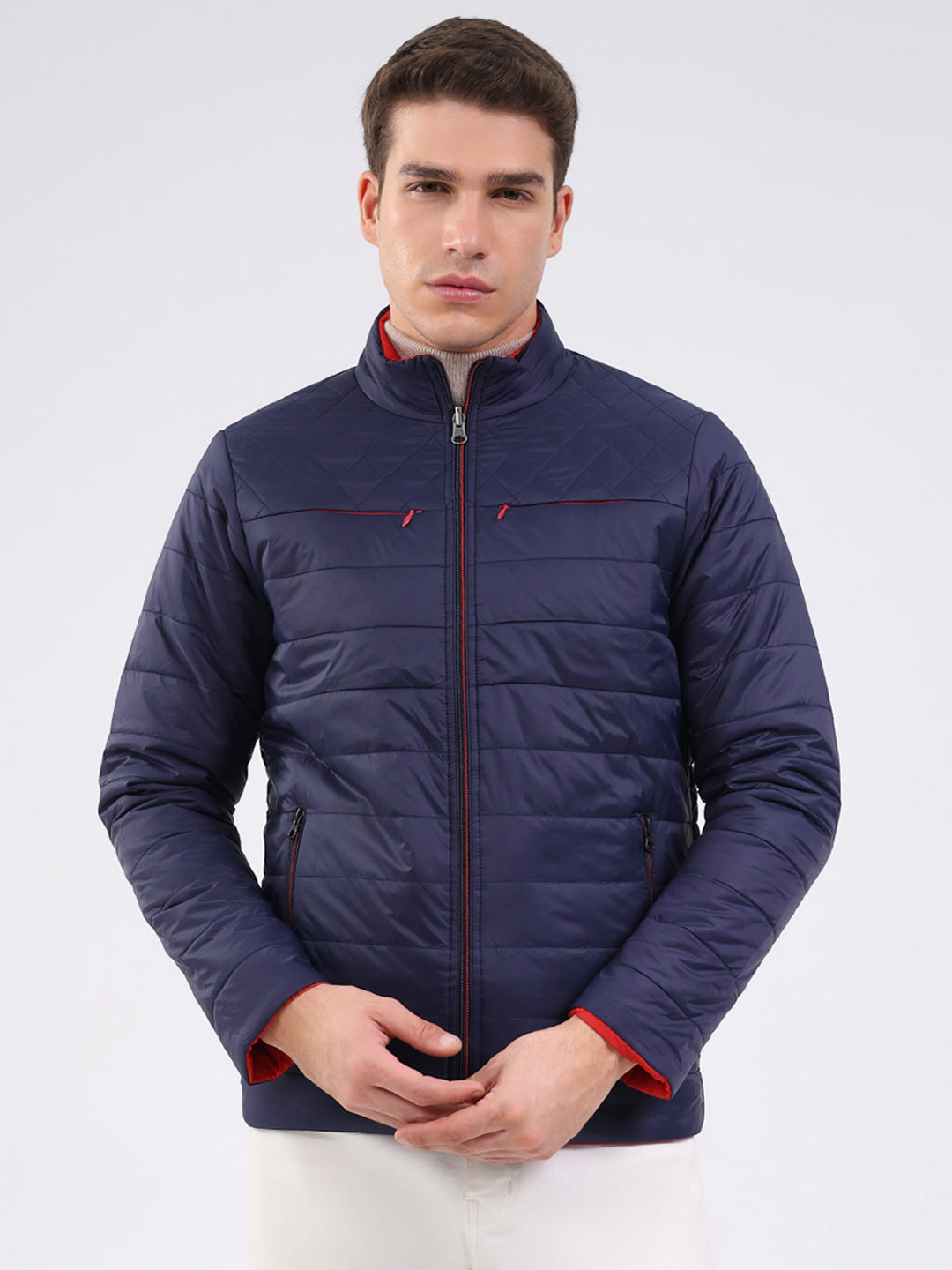 Men Navy Blue Solid Mock Neck Full Sleeve Jacket