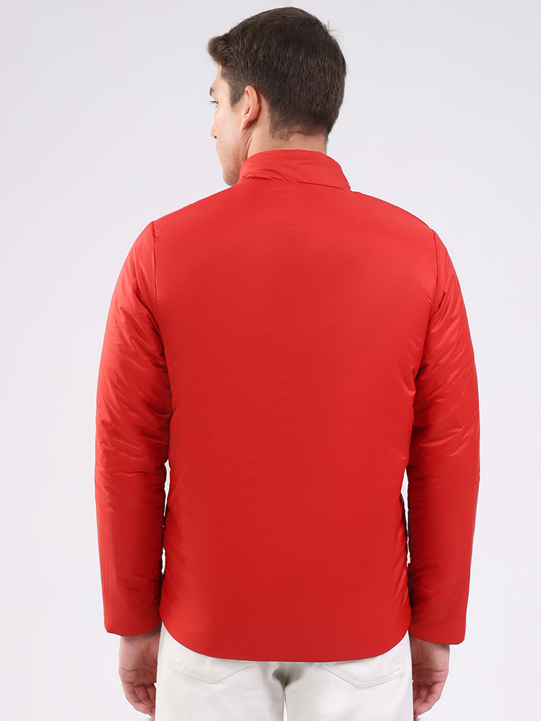 Men Navy Blue Solid Mock Neck Full Sleeve Jacket