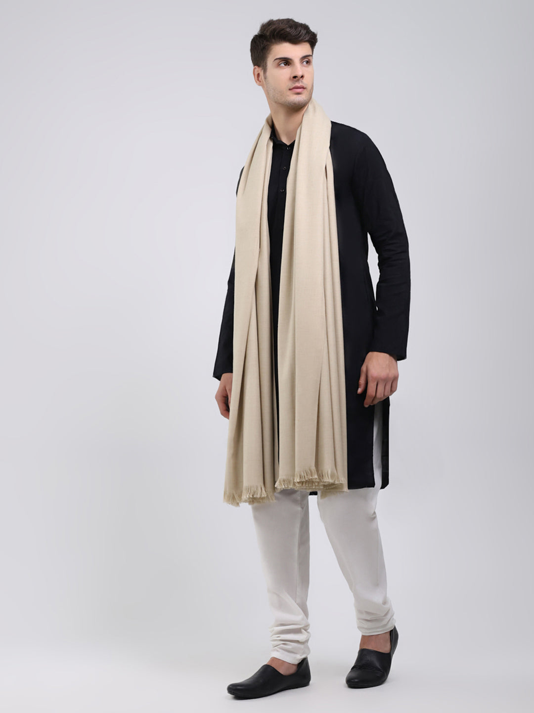 Men Beige Solid Wool Blend Lohi Shawl