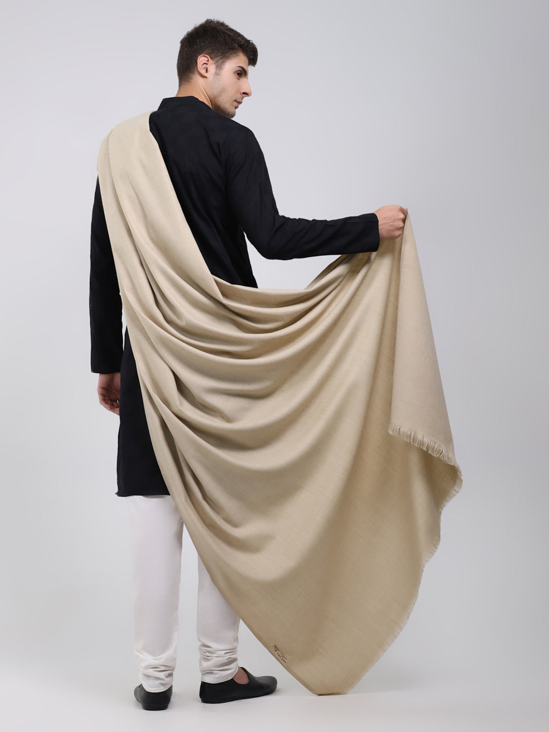 Men Beige Solid Wool Blend Lohi Shawl
