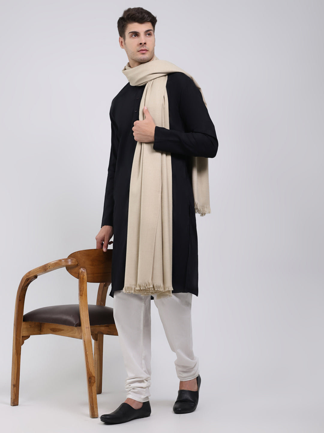Men Beige Solid Wool Blend Lohi Shawl