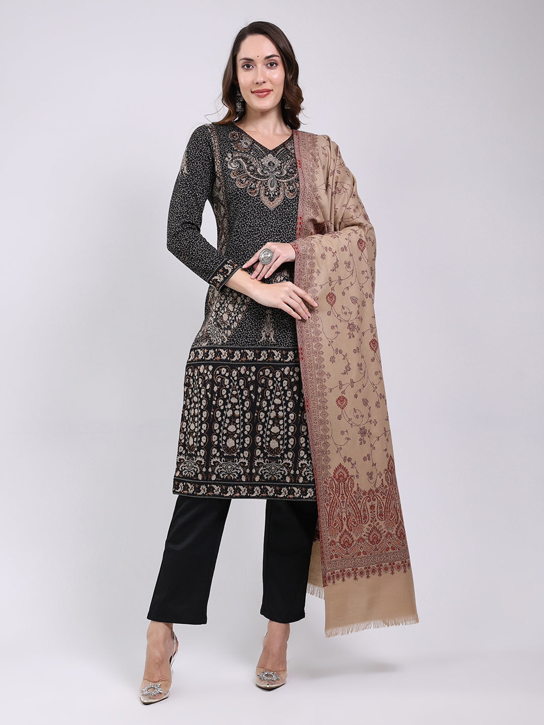Women Brown Printed Wool Blend Shawl