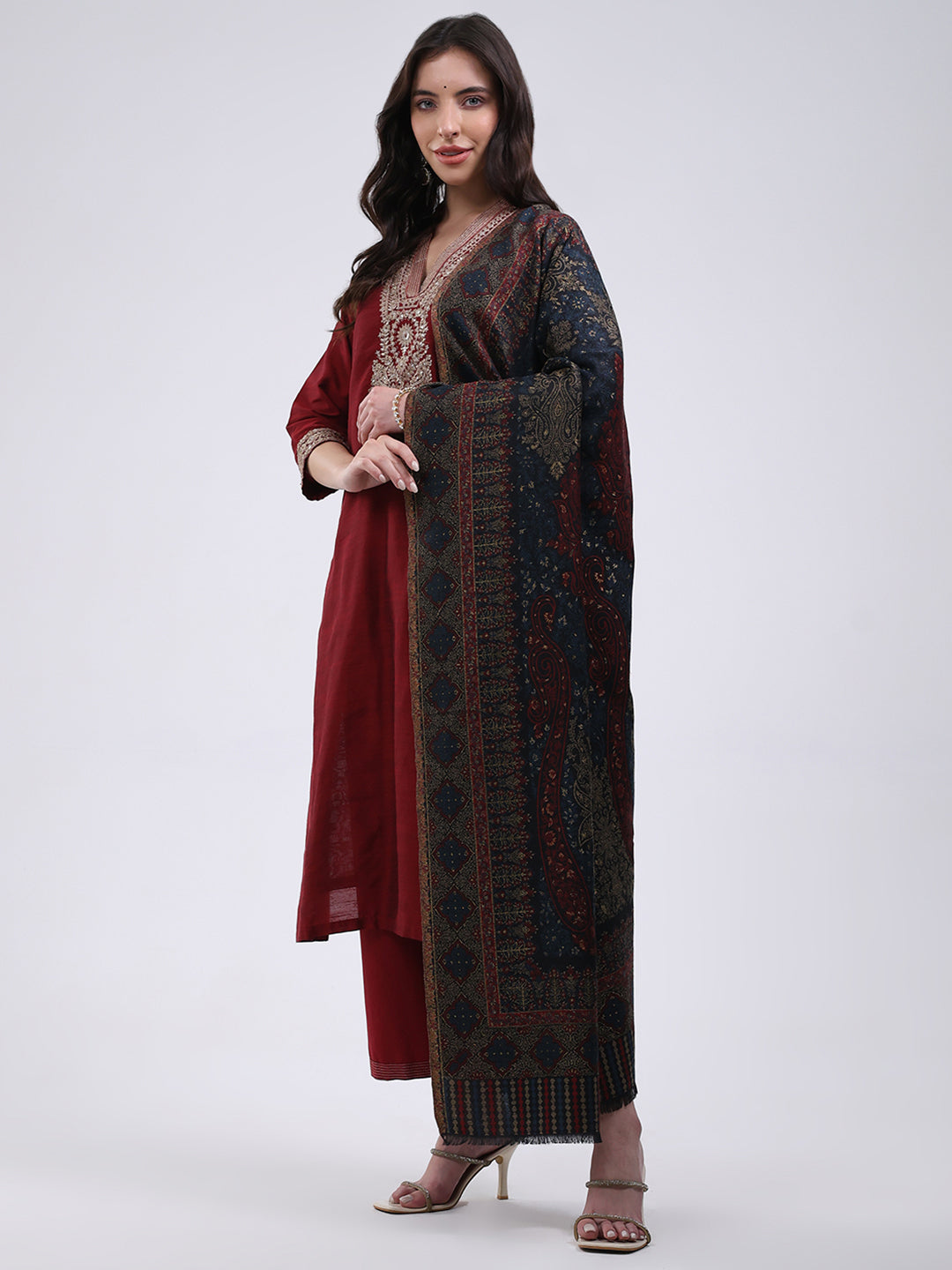 Women Multicolor Self Design Wool Blend Shawl