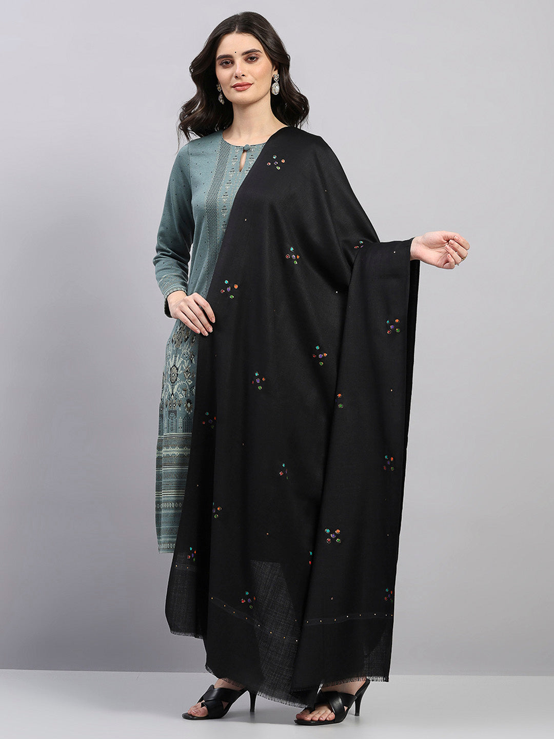 Women Black Printed Wool Blend Shawl
