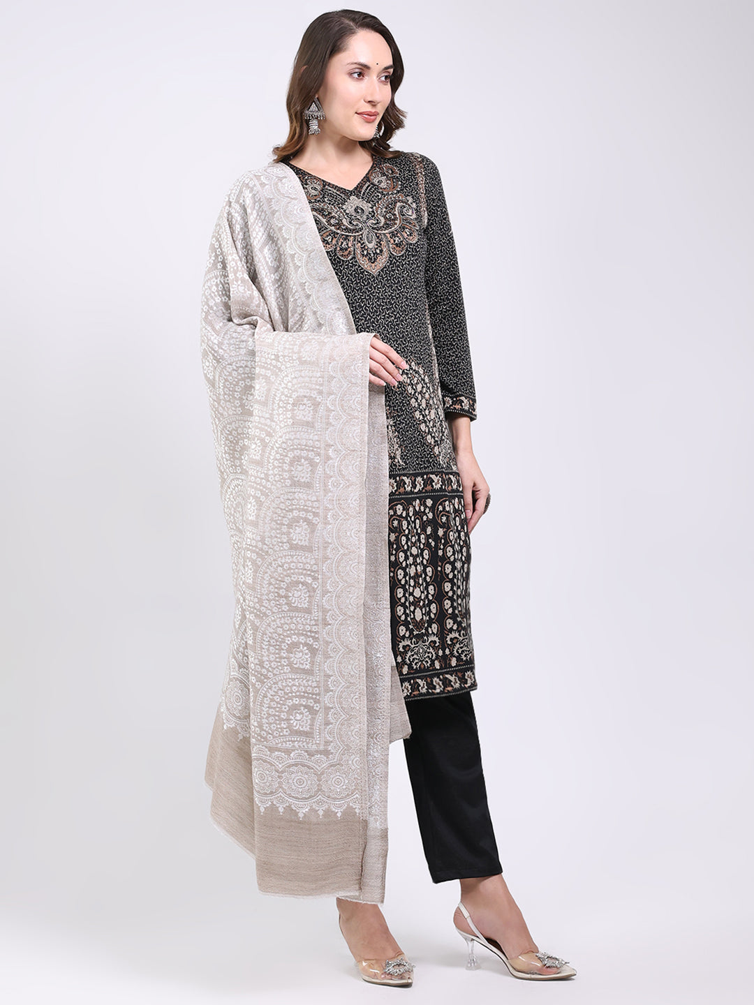 Women Grey Printed Wool Blend Shawl