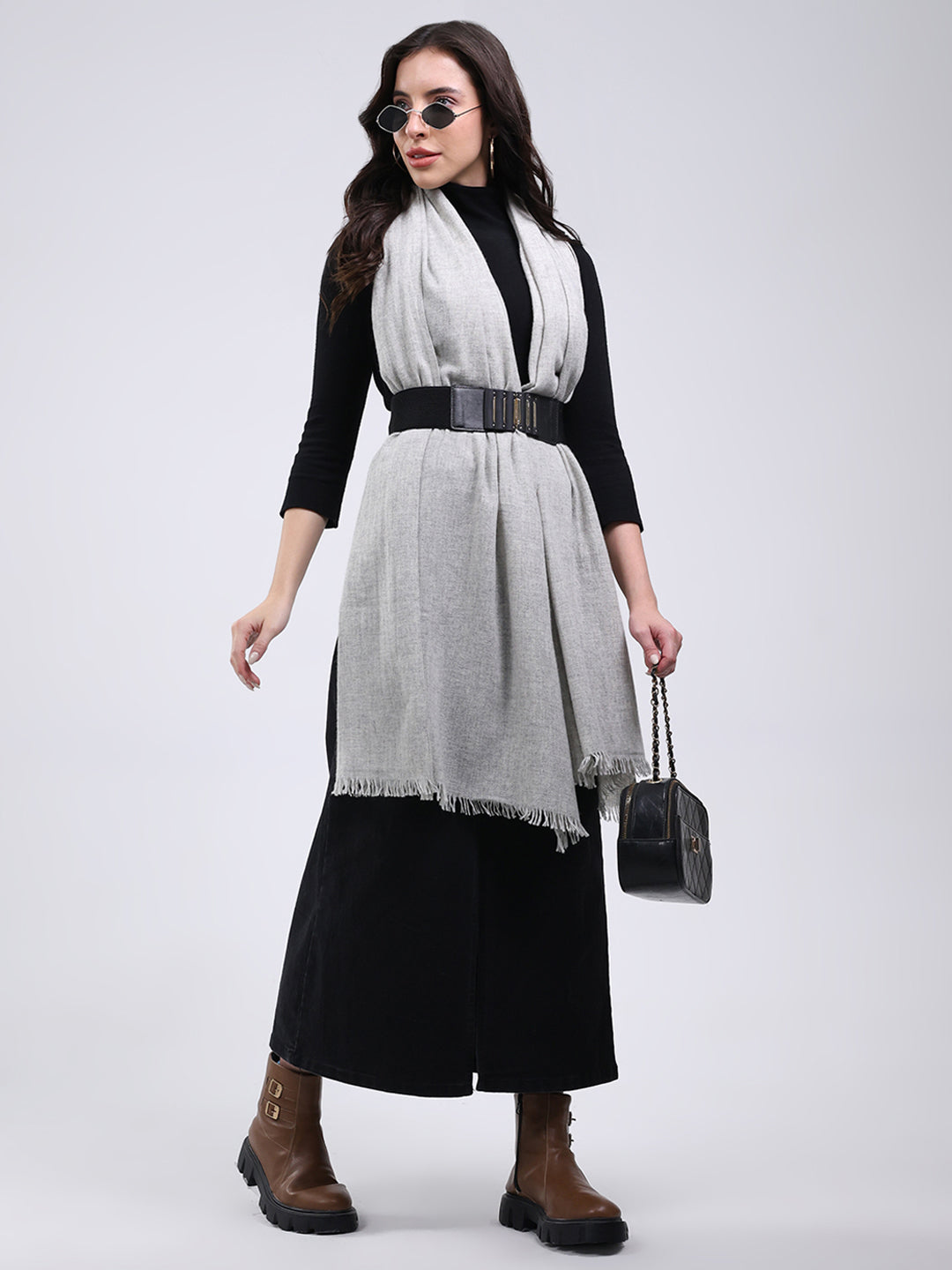 Women Grey Solid Wool Blend Stole