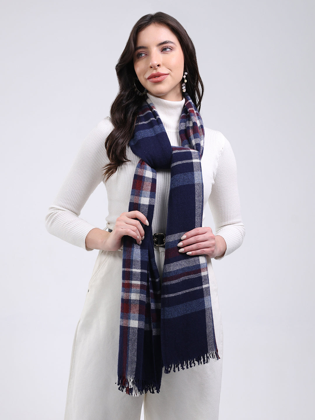 Women Navy Blue Solid Wool Blend Stole