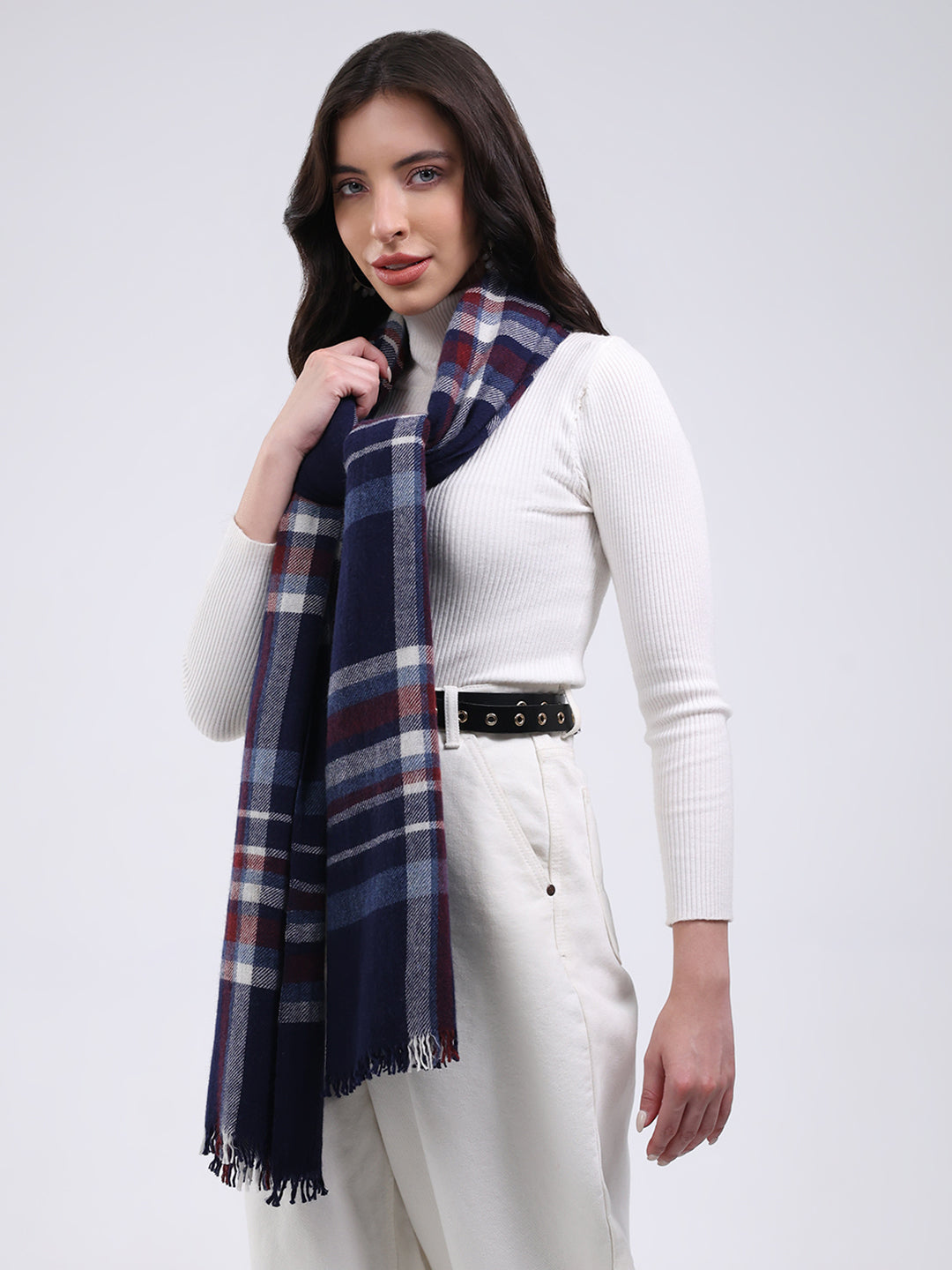 Women Navy Blue Solid Wool Blend Stole