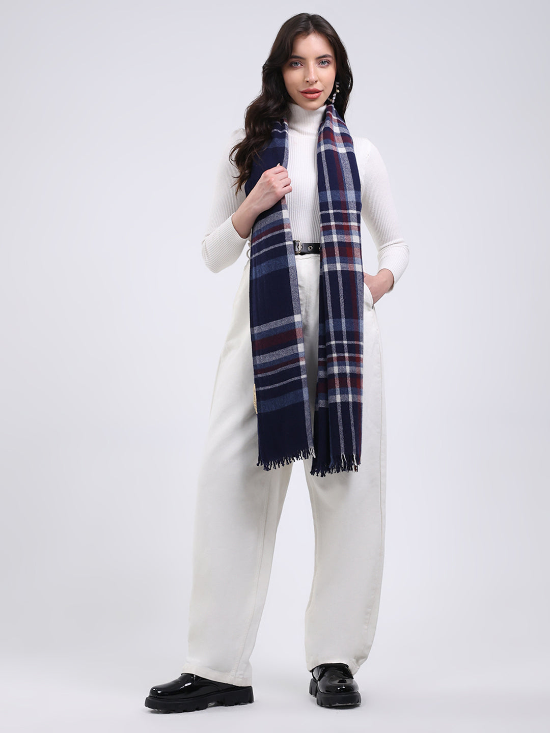 Women Navy Blue Solid Wool Blend Stole