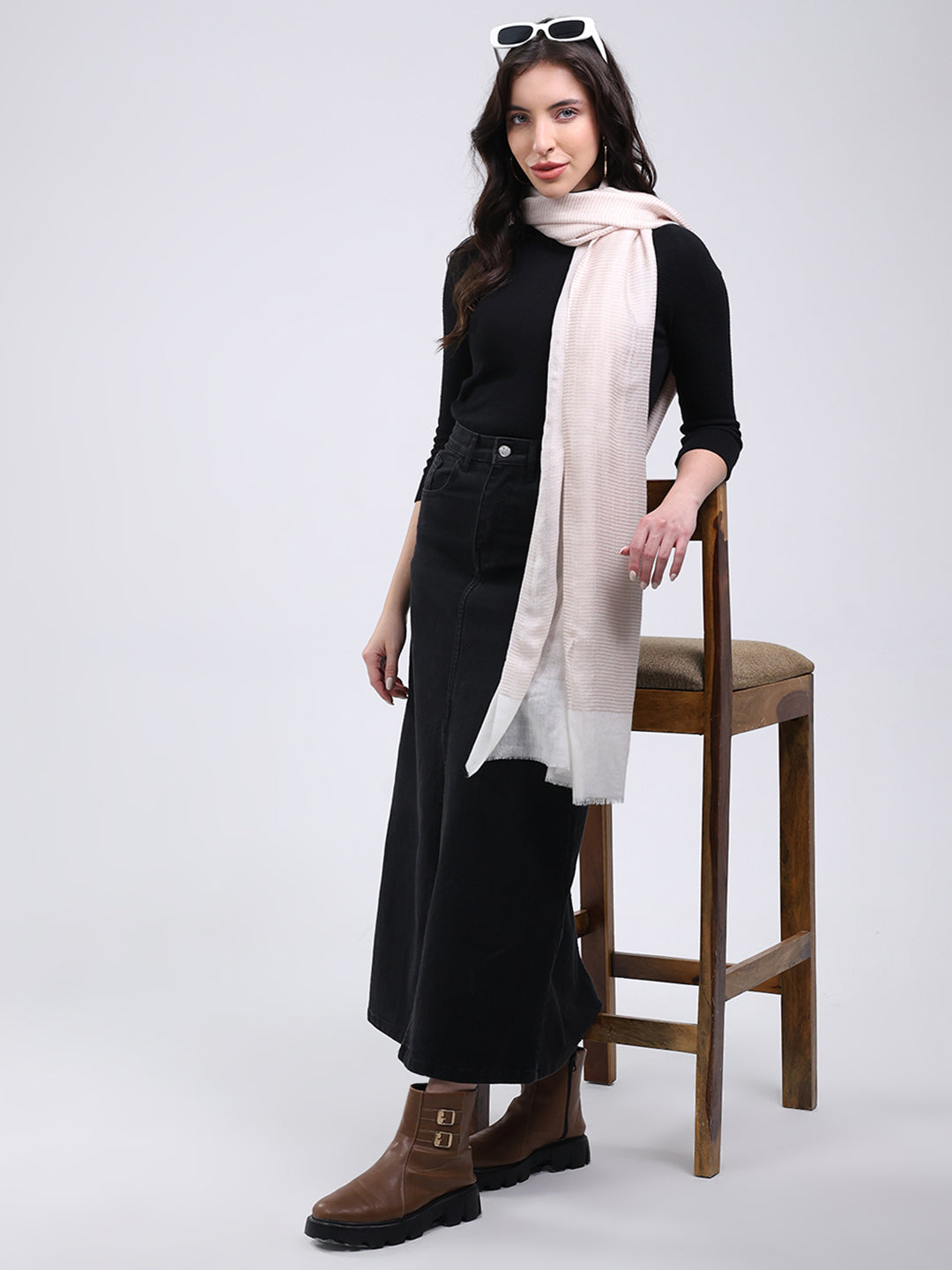 Women Cream Solid Wool Blend Stole
