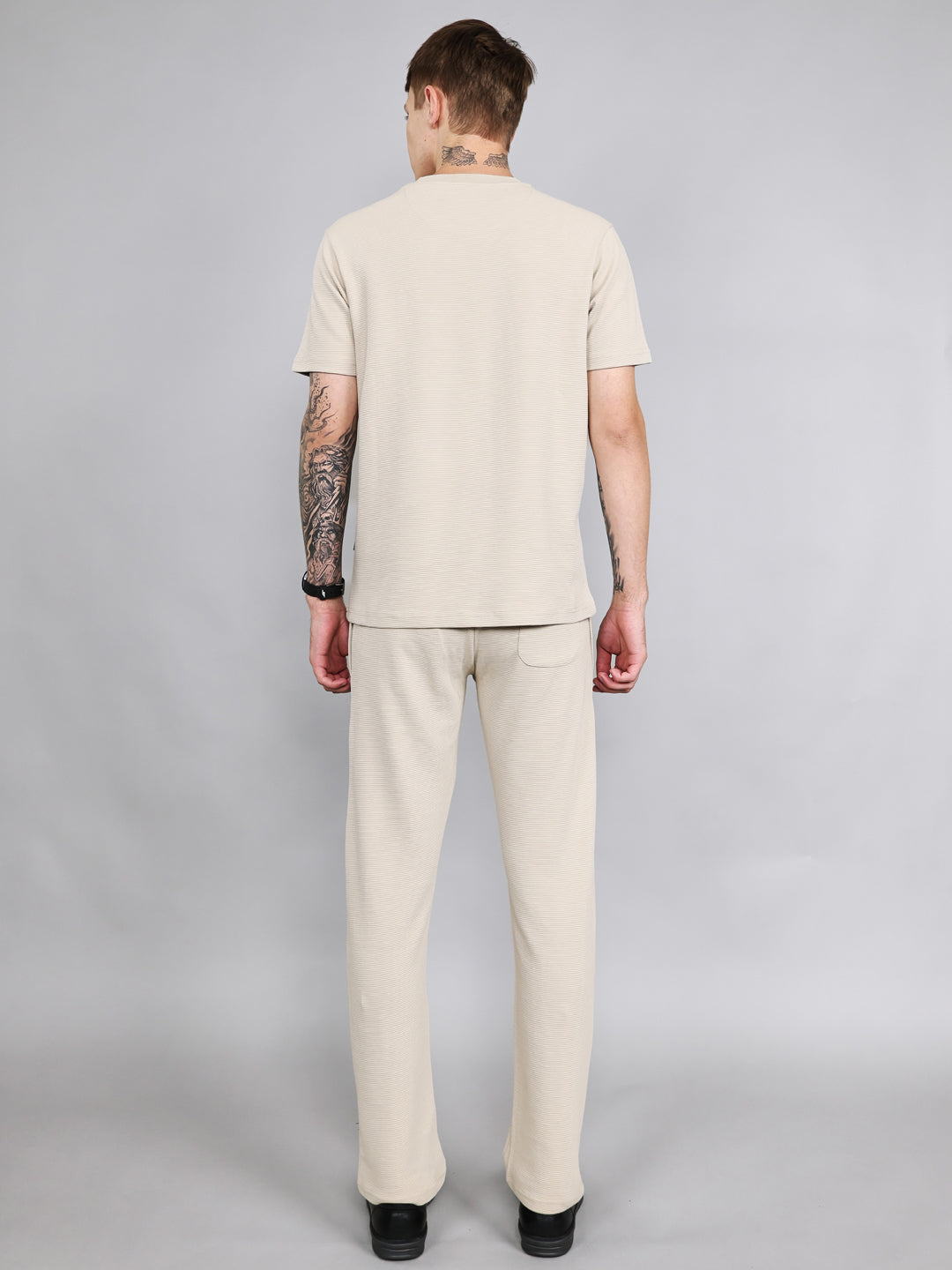 Rock.it Men Cream Solid Round Neck Half Sleeve Cords Set