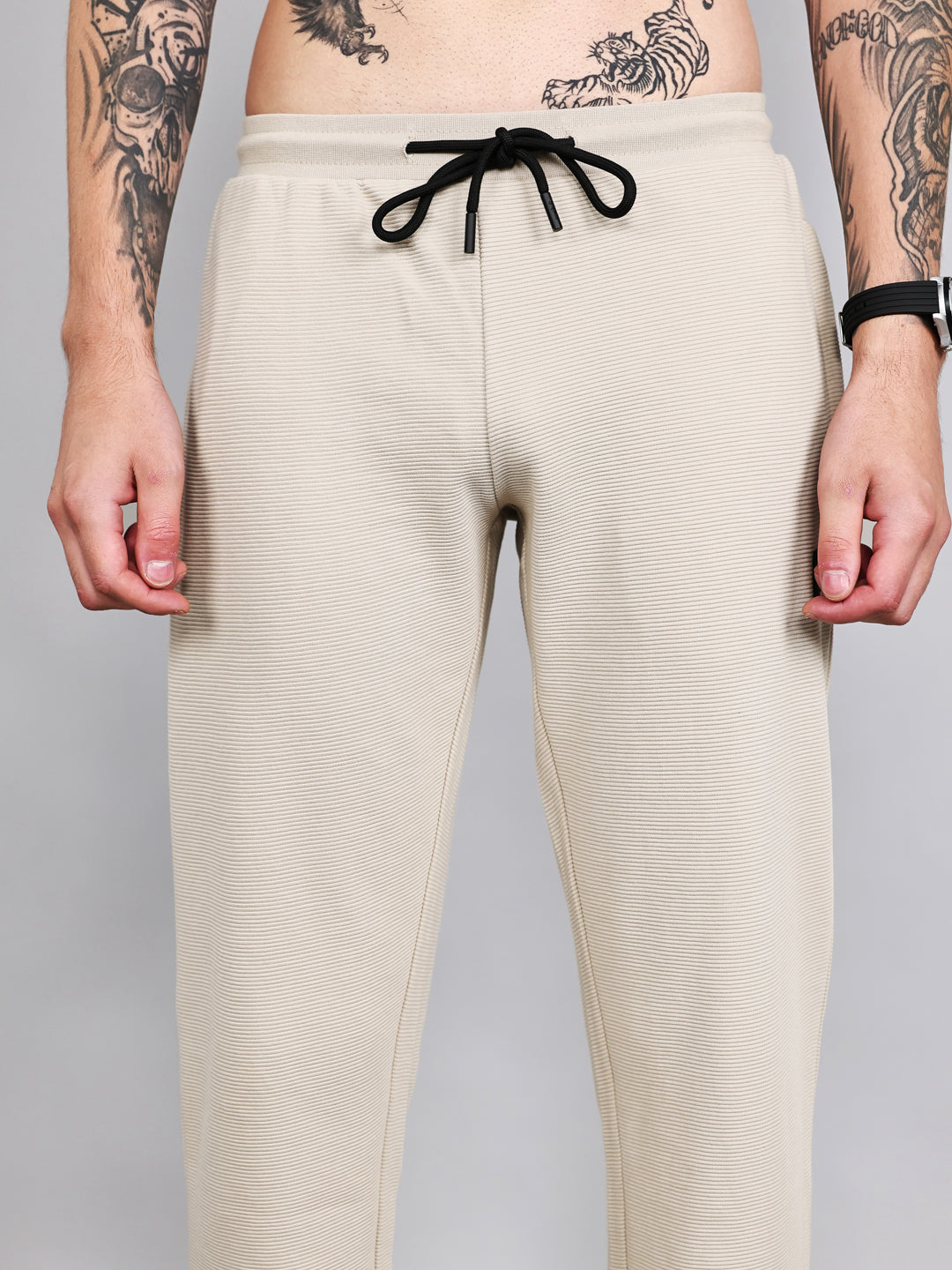 Rock.it Men Cream Solid Round Neck Half Sleeve Cords Set