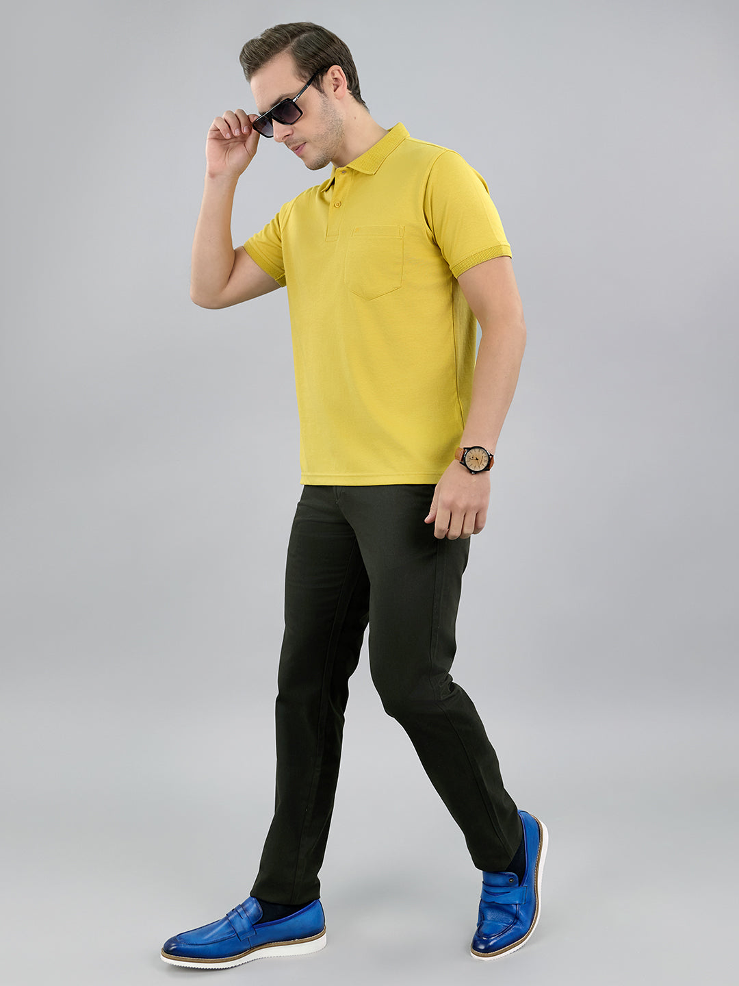 Men Mustard Solid Polo Collar Half Sleeve T-Shirt