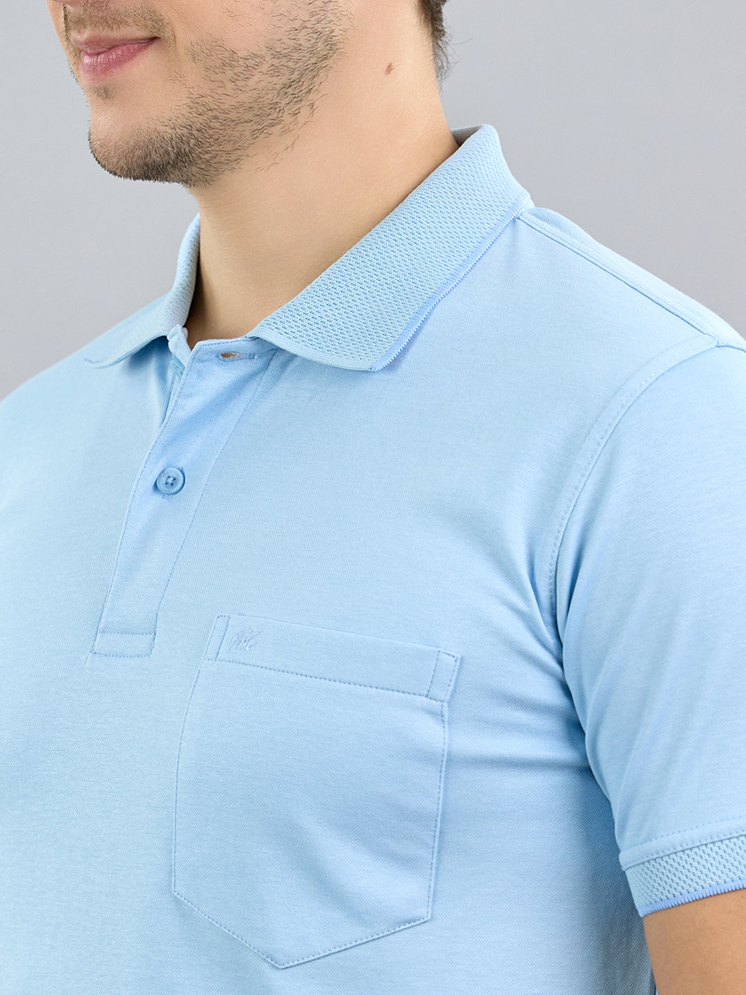 Men Sky Blue Solid Polo Collar Half Sleeve T-Shirt